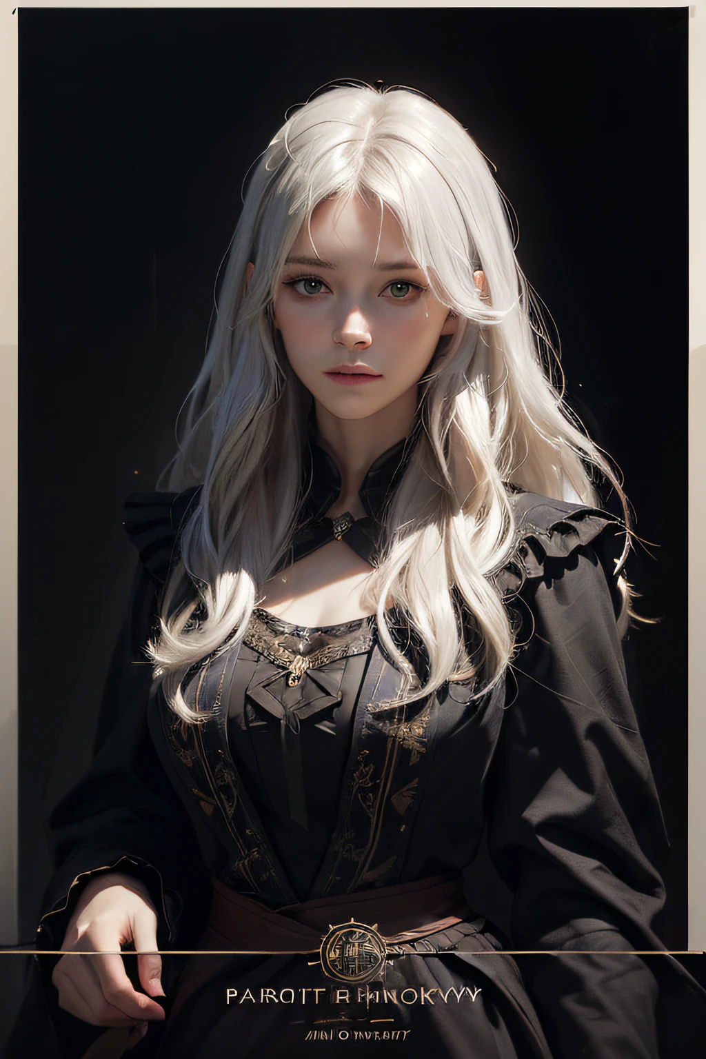 (front focus), (in the dark:1.6), Hyperrealist portrait of female by david hockney and alphonse mucha, fantasy art, photo realistic, dynamic lighting, artstation, poster, volumetric lighting, very detailed faces, 4 k, award winning, 1girl, in the dark, deep shadow, low key, cowboy shot, (official clothing:1.4), long hair, white hair