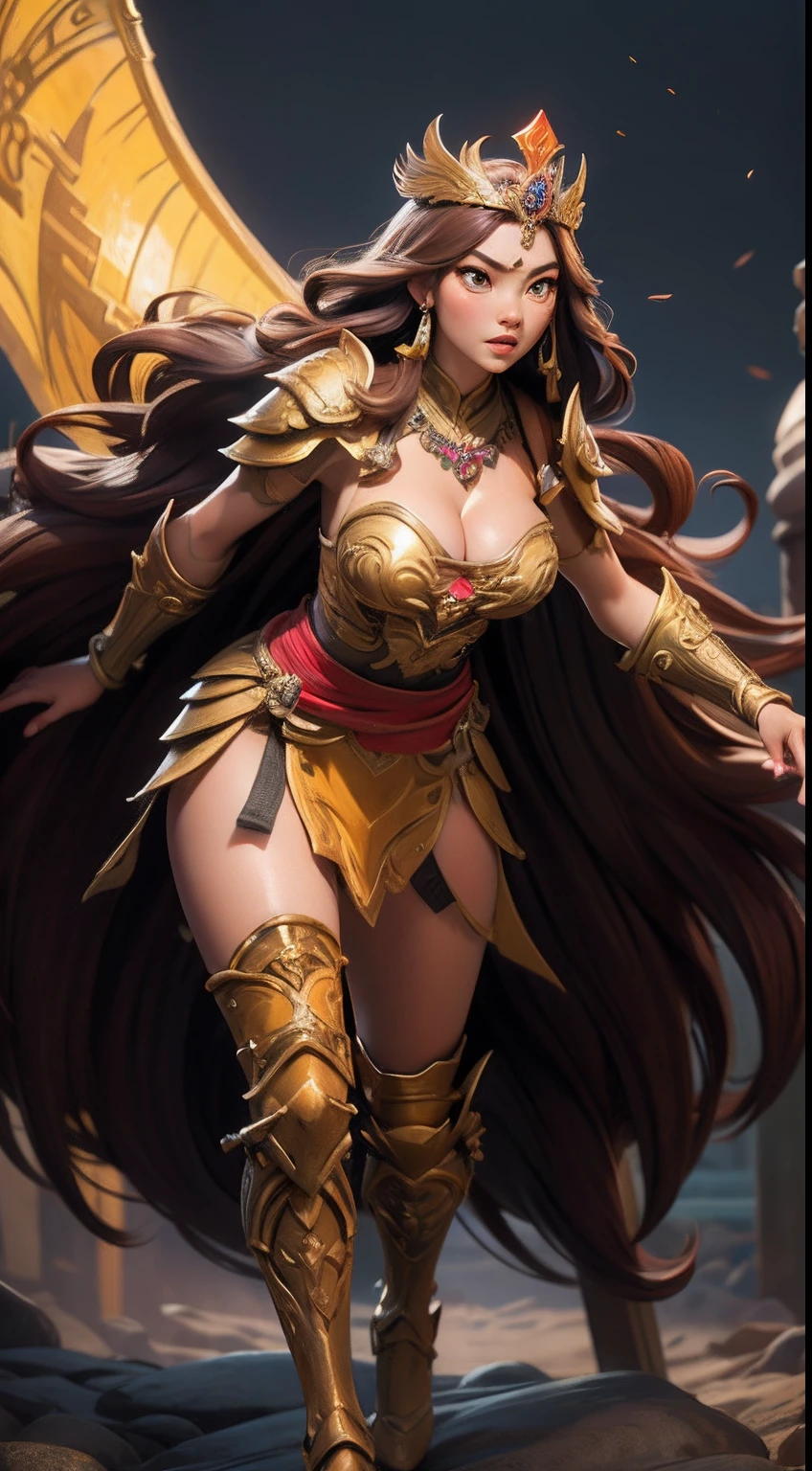 (surrealistic), (hight resolution), (8K), (ighly detailed), (beatiful detailed eyes), (top-quality), (ultra-detailliert)、intricate detailes、
1girl in、fullbody image、(Goddess of battle)、perfectly proportions、big eye:1.5、Pretty eyes、Bewitching、Sexy Woman、爆乳、big breasts thin waist、nabel、Crotch gap、thighs thighs thighs thighs、beautiful countenance、A detailed face、Perfect figure:1.4、(shinny skin), (cleavage of the breast)、length hair、the wind、Red BRA、 long ugly hair, (Brown hair:1.3)、Look at viewers, Wearing complex red super armor、Clear focus:1.2、Lightning Effect、Ultra-detailed large crown adorned with jewels:1.2)、Colossal tits、oppai、Translucent sexy underwear、I see the purple flag、Gemstones with intricate details、(Ultra-detailed yellow armor adorned with jewels:1.3)、diffuse lighting、Valhalla Valkyrie、(Realistic lighting)、Illuminate your face、Lights from the front、Shine a light on your face、