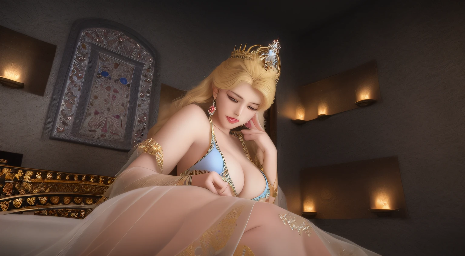 there is a woman in a bikini laying on a bed, a beautiful fantasy empress, lovely languid princess, blond-haired princess, on her throne, royal elegant pose, sitting on her throne, extremely detailed goddess shot, 8 k sensual lighting, Japanese goddess, ((a beautiful fantasy empress)), 3 D CG, 3D CG, 8K high quality detailed art