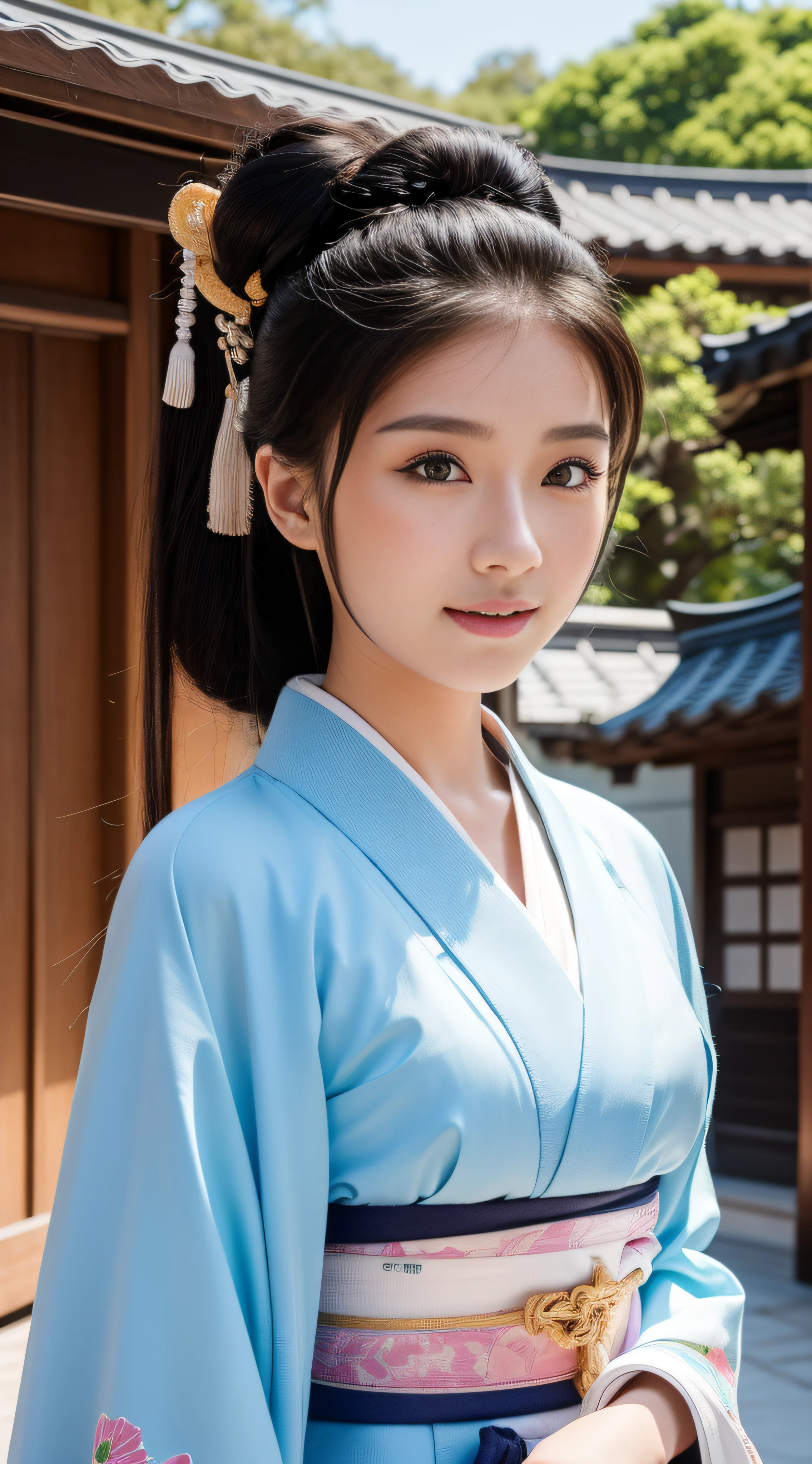 Fashion model 18 years old [[[[closeup cleavage]]]],  [[[[coll]]]], [[[[shoulder]]]], perfect  eyes, Perfect iris，Perfect lips，perfect teeth，Perfect Skin，With fair skin，Soft front light，nffsw，Movie girl，ssmile，Female students in haori hakama in the Taisho era，The background is the cityscape of the Taisho era，Buildings of the Japan of the Taisho period，Taisho era bicycles、4K Ultra HD, 超A high resolution, (Photorealistic: 1.4), Best Quality，masutepiece，Utra dilution，（PastelColors：1.2）
