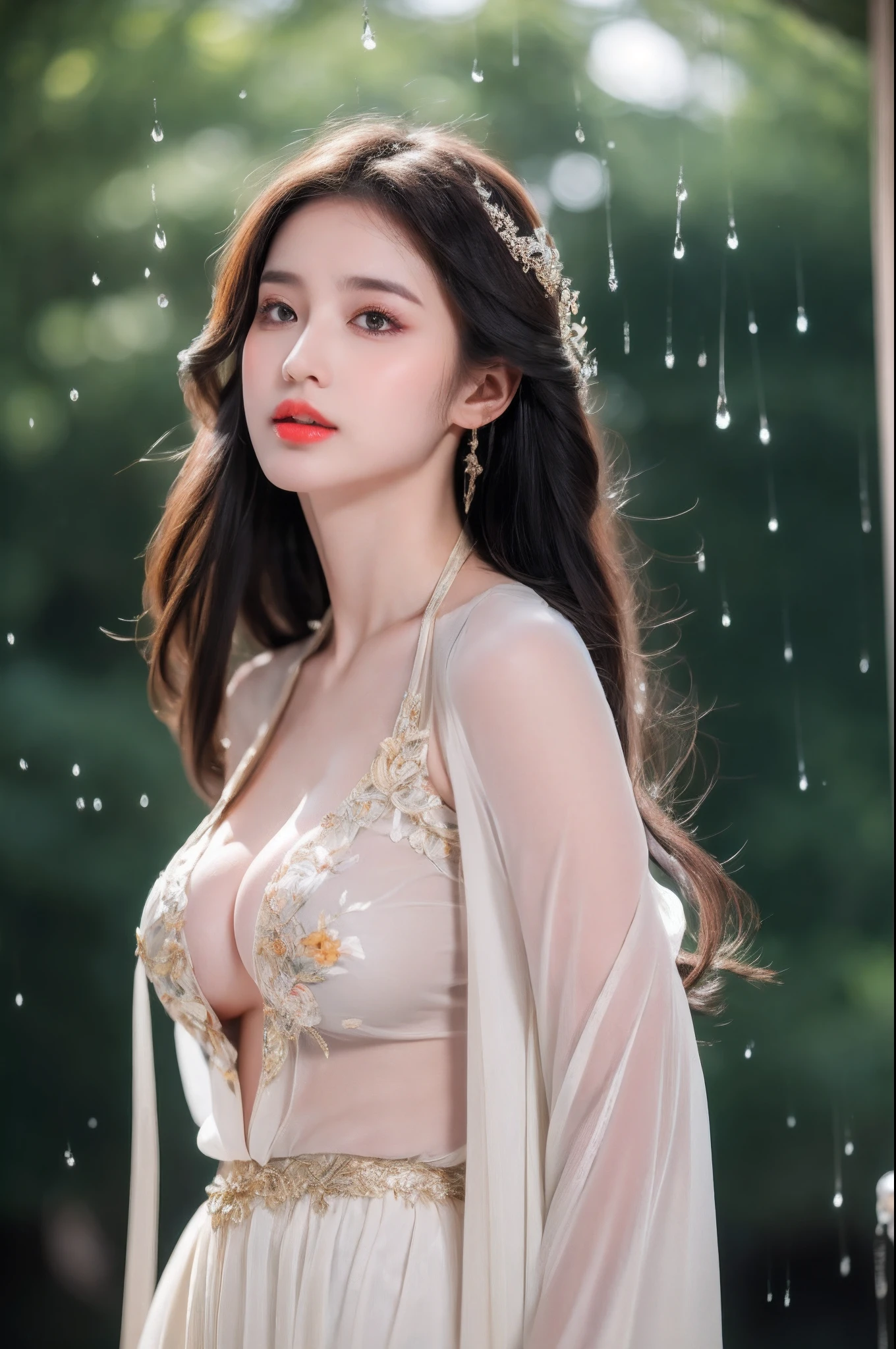 ((Best Quality, 8k, Masterpiece: 1.3)), Focus: 1.2, Perfect Body Beauty: 1.4, Buttocks: 1.2, ((Layered Haircut)), (Wet Clothes: 1.1), (Rain, Street:1.3), (Breasts: 1.2), (Hanfu: 1.2), Bare Shoulders, Bare Legs, Highly Detailed Face and Skin Texture, Fine Eyes, Double Eyelids, Whitened Skin, Long Hair, (Shut Up: 1.5), (Bokeh Background: 1.5), Big Breasts