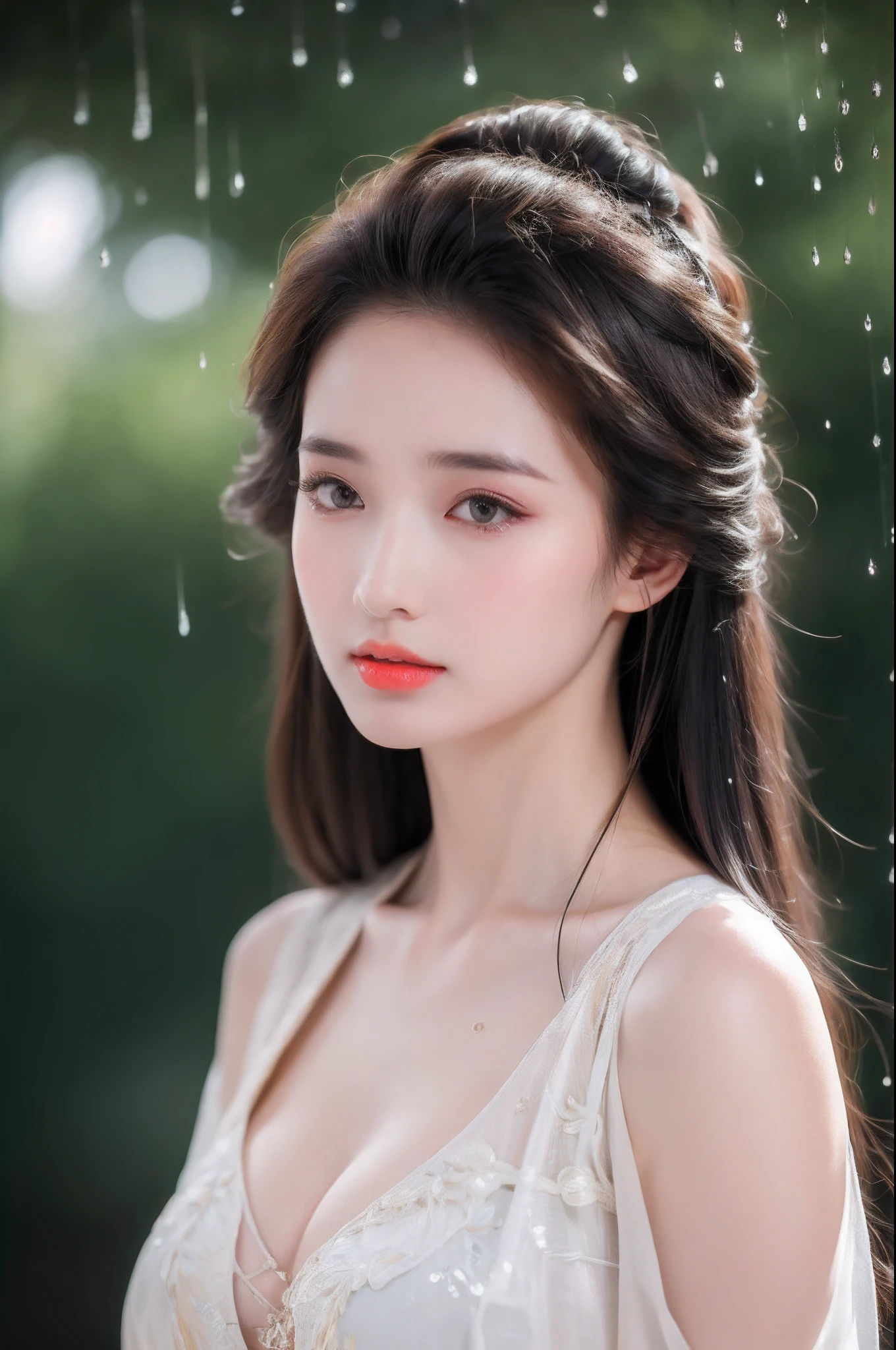 ((Best Quality, 8k, Masterpiece: 1.3)), Focus: 1.2, Perfect Body Beauty: 1.4, Buttocks: 1.2, ((Layered Haircut)), (Wet Clothes: 1.1), (Rain, Street:1.3), (Breasts: 1.2), (Hanfu: 1.2), Bare Shoulders, Bare Legs, Highly Detailed Face and Skin Texture, Fine Eyes, Double Eyelids, Whitened Skin, Long Hair, (Shut Up: 1.5), (Bokeh Background: 1.5), Big Breasts