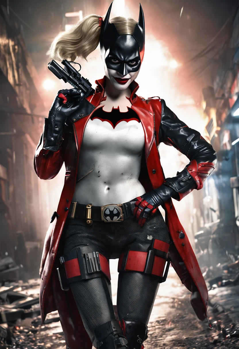 Batman Arkham Knight Harley Quinn por Theartofoam, Harley Quinn standing, Arlequina, de Arlequina, Retrato de Arlequina, Harley Rainha, deviantart artstation cgscosiety, Iconic character of high detail. Harley Quinn usando a mesma roupa que usa no jogo Arkham Knight. Background with apocalyptic scenario