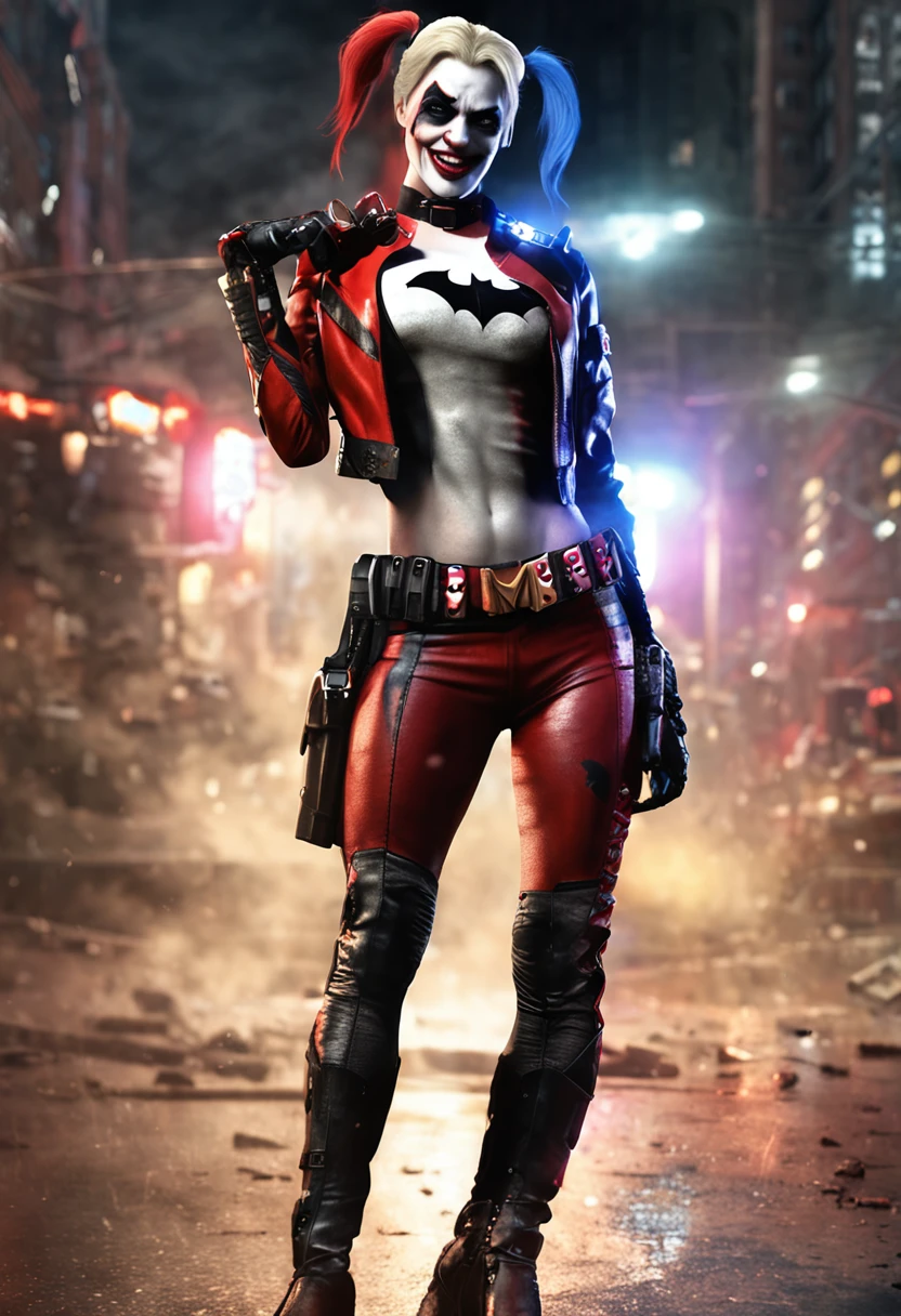 Batman Arkham Knight Harley Quinn por Theartofoam, Harley Quinn standing, Arlequina, de Arlequina, Retrato de Arlequina, Harley Rainha, deviantart artstation cgscosiety, Iconic character of high detail. Harley Quinn usando a mesma roupa que usa no jogo Arkham Knight. Background with apocalyptic scenario