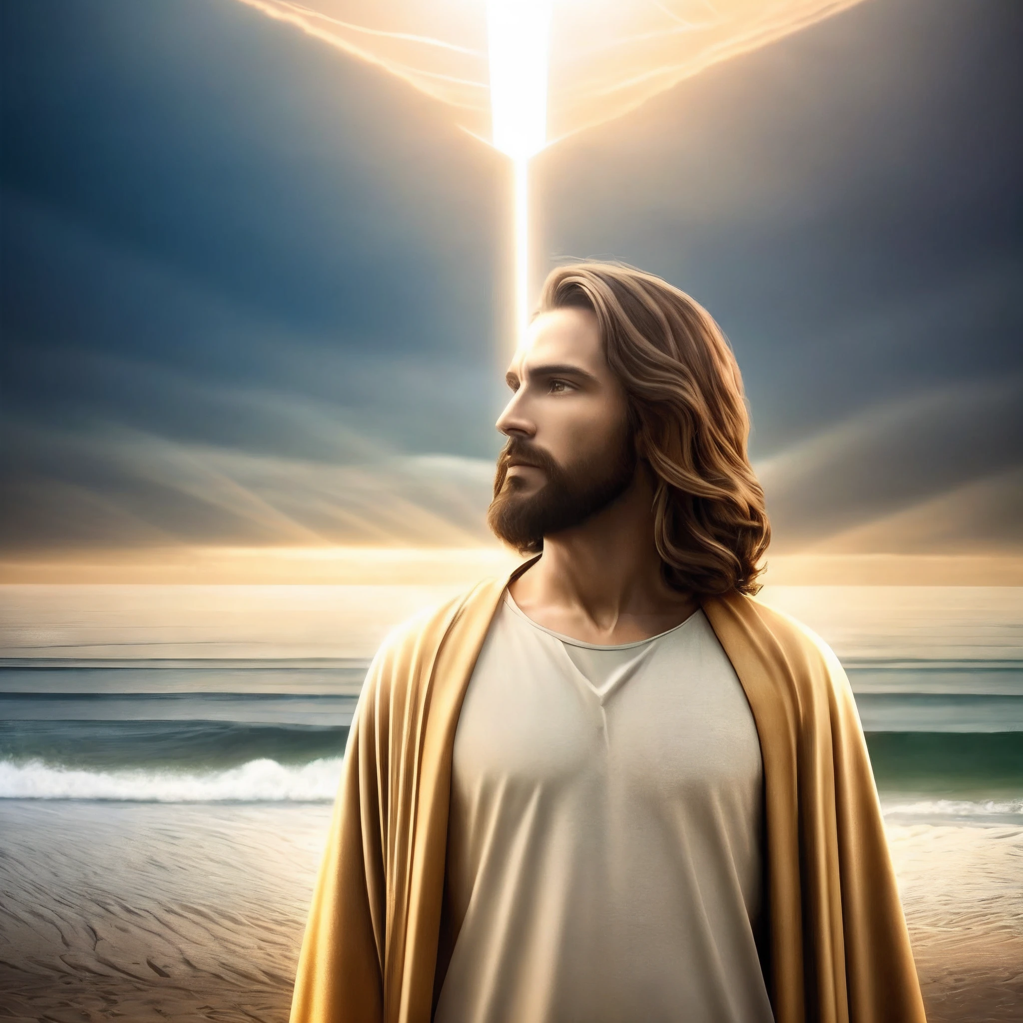 jesus standing on the beach with a cross above his head, jesus christ, tron legacy jesus christ, jesus, holy sacred light rays, greg olsen, bright light masterpiece, tron legacy jesus, portrait of jesus christ, glowing god rays, light of god, majestic light, holy rays of spiritual light, second coming, dressed like jesus christ, jesus christ in mass effect
