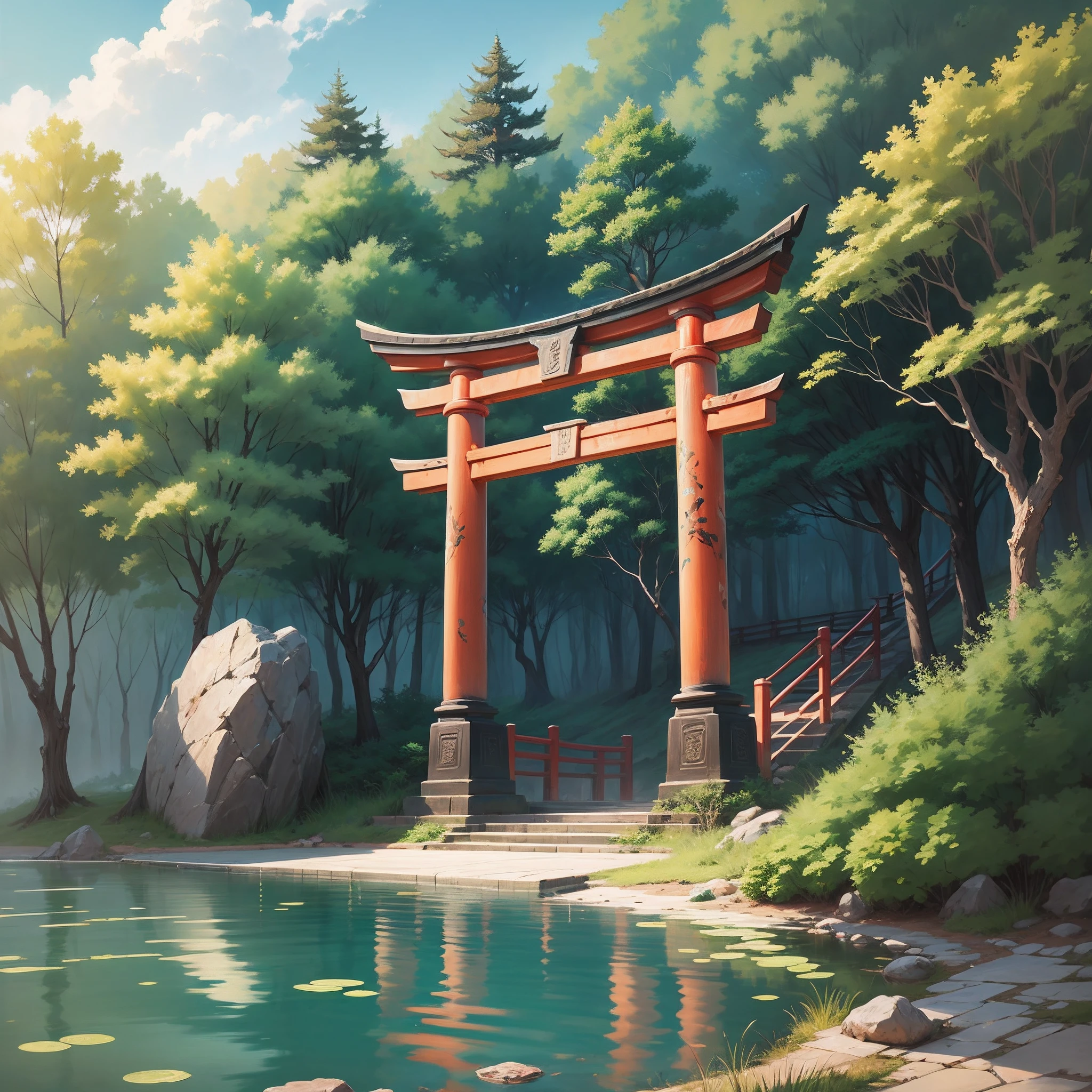 a japanese torii gate and a water lake, anime style, fantasy art, sunny day, makato shinkai style -- ar 3:4 --auto --s2