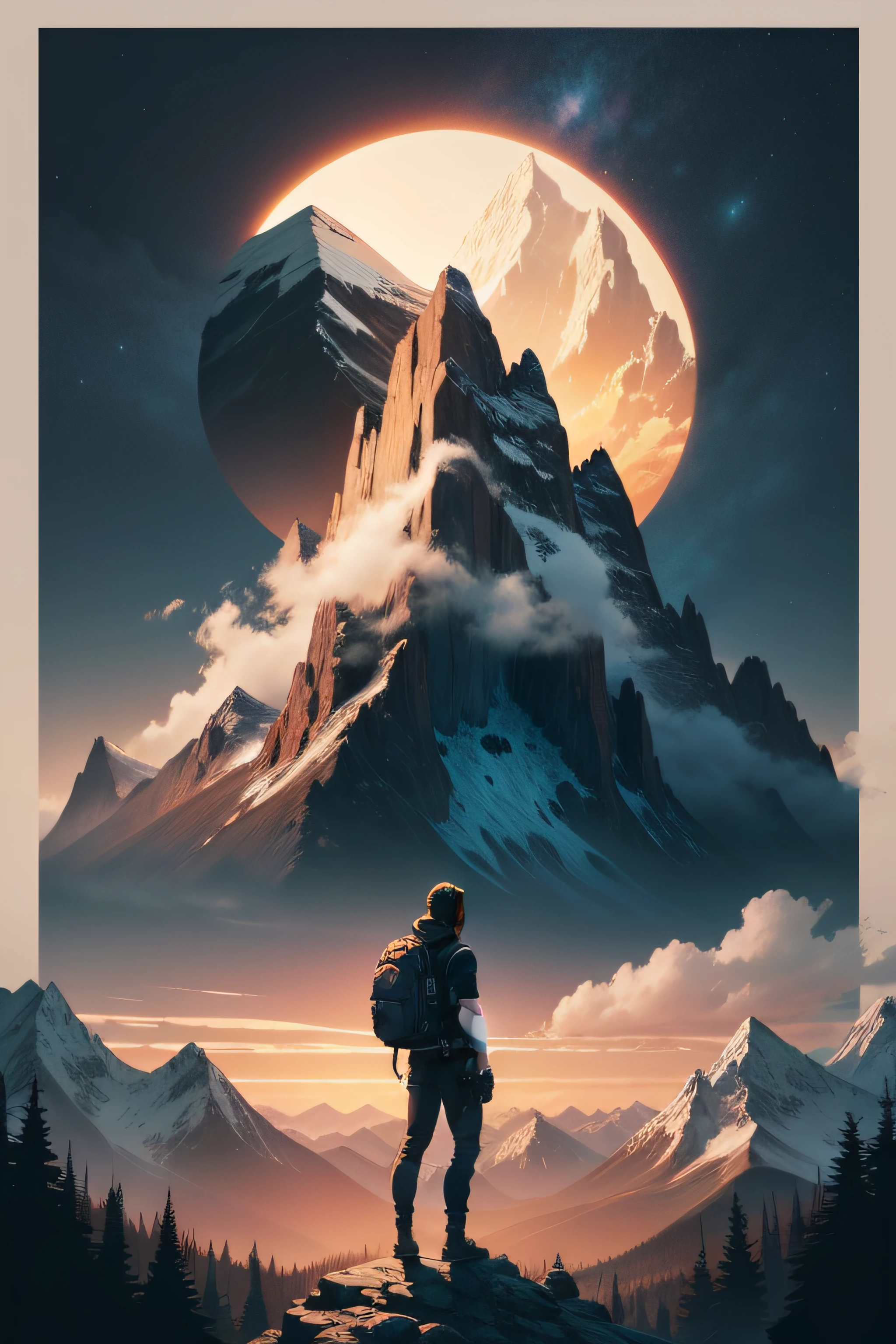 print ready vector t-shirt design, adventure scene with explorer, with beautiful nocturnal sun and mountain in the background, clean white background, professional vector, full shot, 8K resolution, deep impression illustration