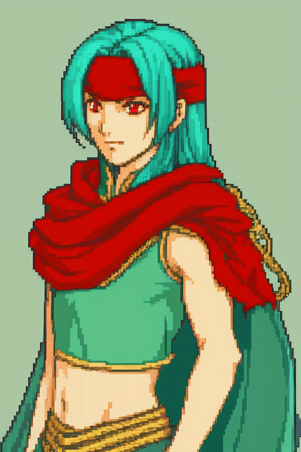 solo focus, Vanilla Fire Emblem, Destatured Sprite, Quarterbody, no frames, teal hair, long hair, red eyes, femboy, bard, headband, cape, crop top, green and yellow clothing