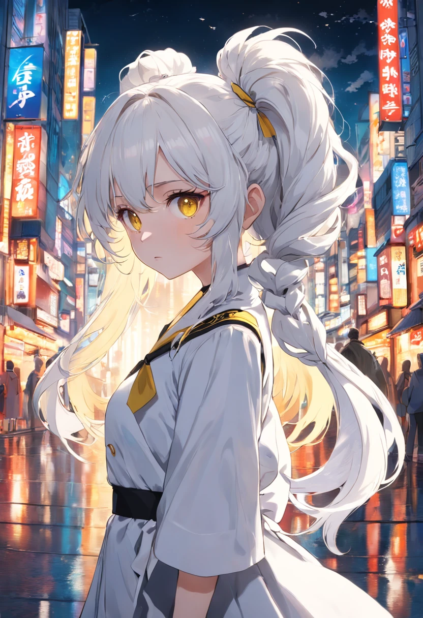 White color hair,Double ponytail curls,Yellow eyes,White Lolita,Beth,A bustling city street