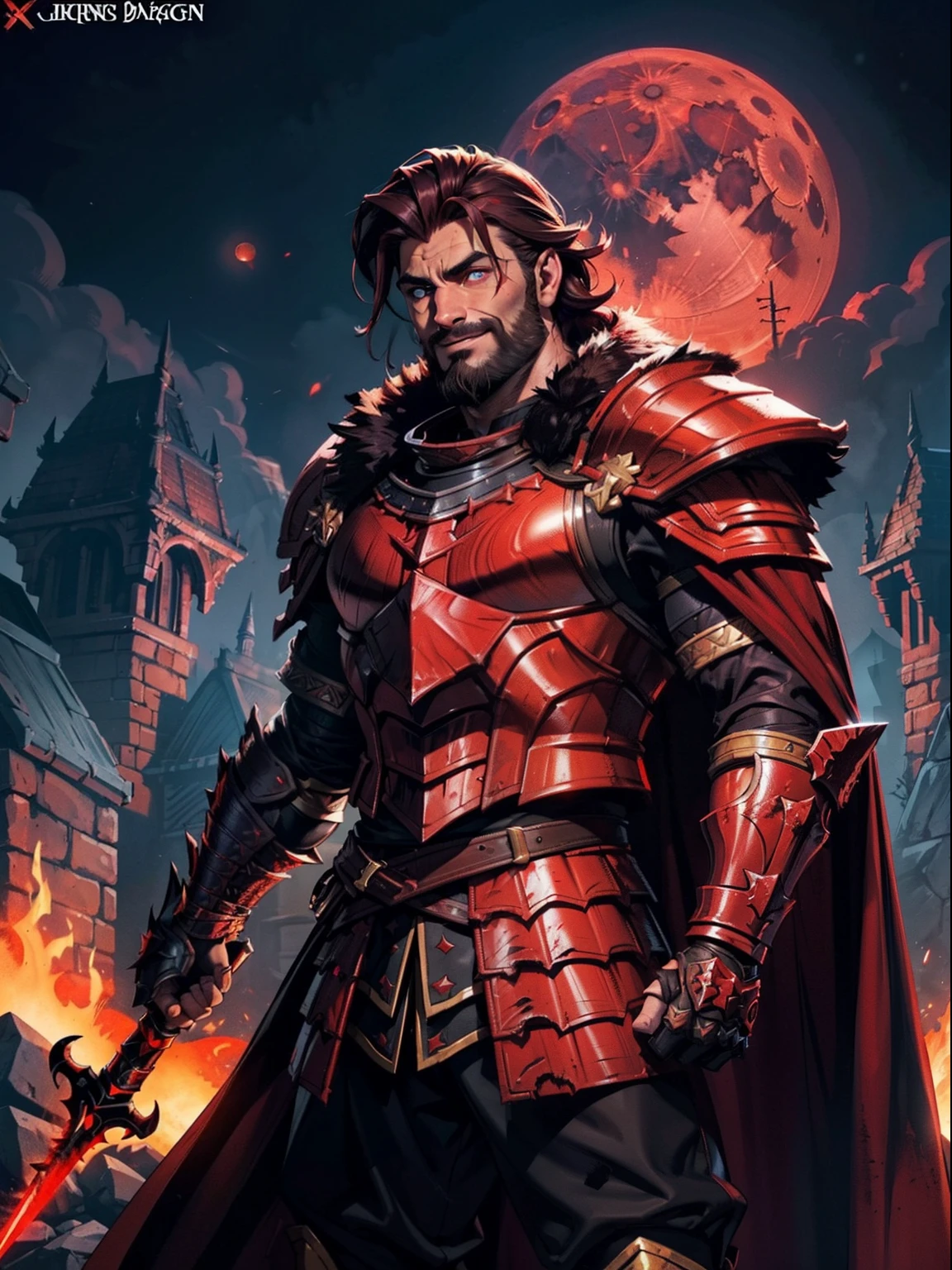 Dark night blood moon background, Darkest Dungeon style, game portrait. Kevin Smith as Ares from Xena, athlete, short mane hair, mullet, defined face, detailed eyes, short beard, glowing red eyes, dark hair, wily smile, badass, dangerous. Wearing full armor with red dragon scales, cape of furs. Breath fire.