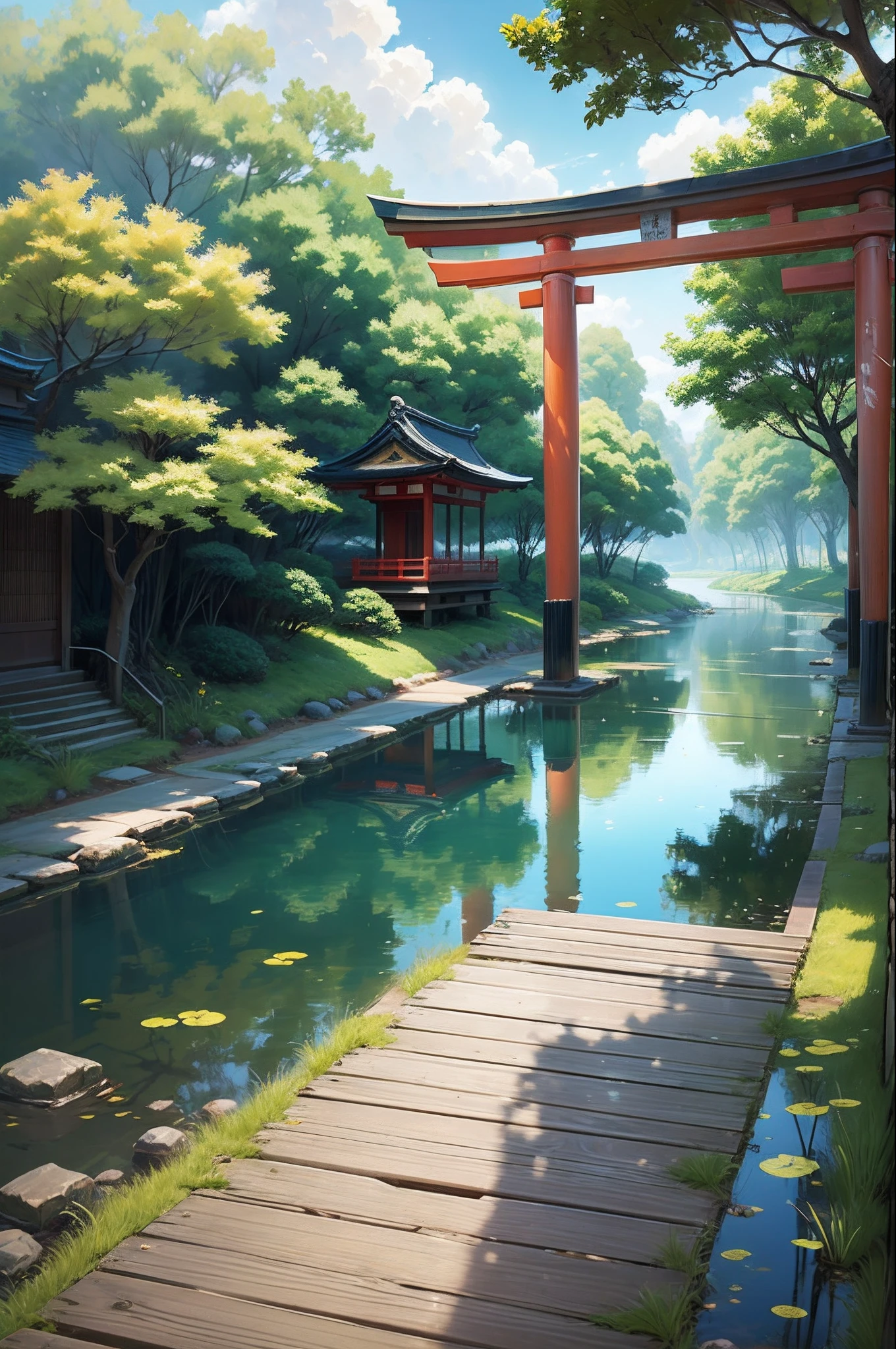 a japanese torii gate and a water lake, anime style, fantasy art, sunny day, makato shinkai style -- ar 3:4 --auto --s2