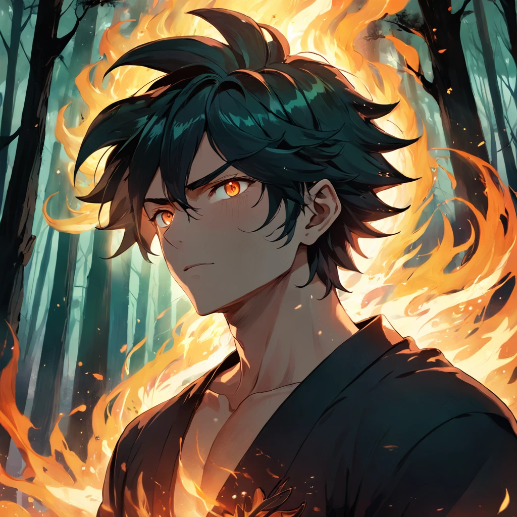 Amidst an ancient and overgrown forest, the essence of magic takes form through a man, his hair as dark as the shadows and his eyes a radiant golden blaze. A mystical mark graces his neck, shimmering with latent power. Within a clearing, he stands engulfed in a cascading torrent of flames, the fire's heat tempered by an otherworldly energy. As the magical fire spirals and dances, it conjures a swirling dance of luminous particles, each a fragment of his ethereal aura. Arcane symbols materialize in midair, their glow casting an eerie light on his intense focus. The scene exudes a sense of ancient power and hidden knowledge, as if the woods themselves are alive with long-forgotten secrets. The mood is one of serene intensity, where the balance of nature and magic intertwine. The illustration style captures this mystical aura through detailed digital artistry, combining intricate linework with vibrant color palettes. --ar 16:9 --v 5