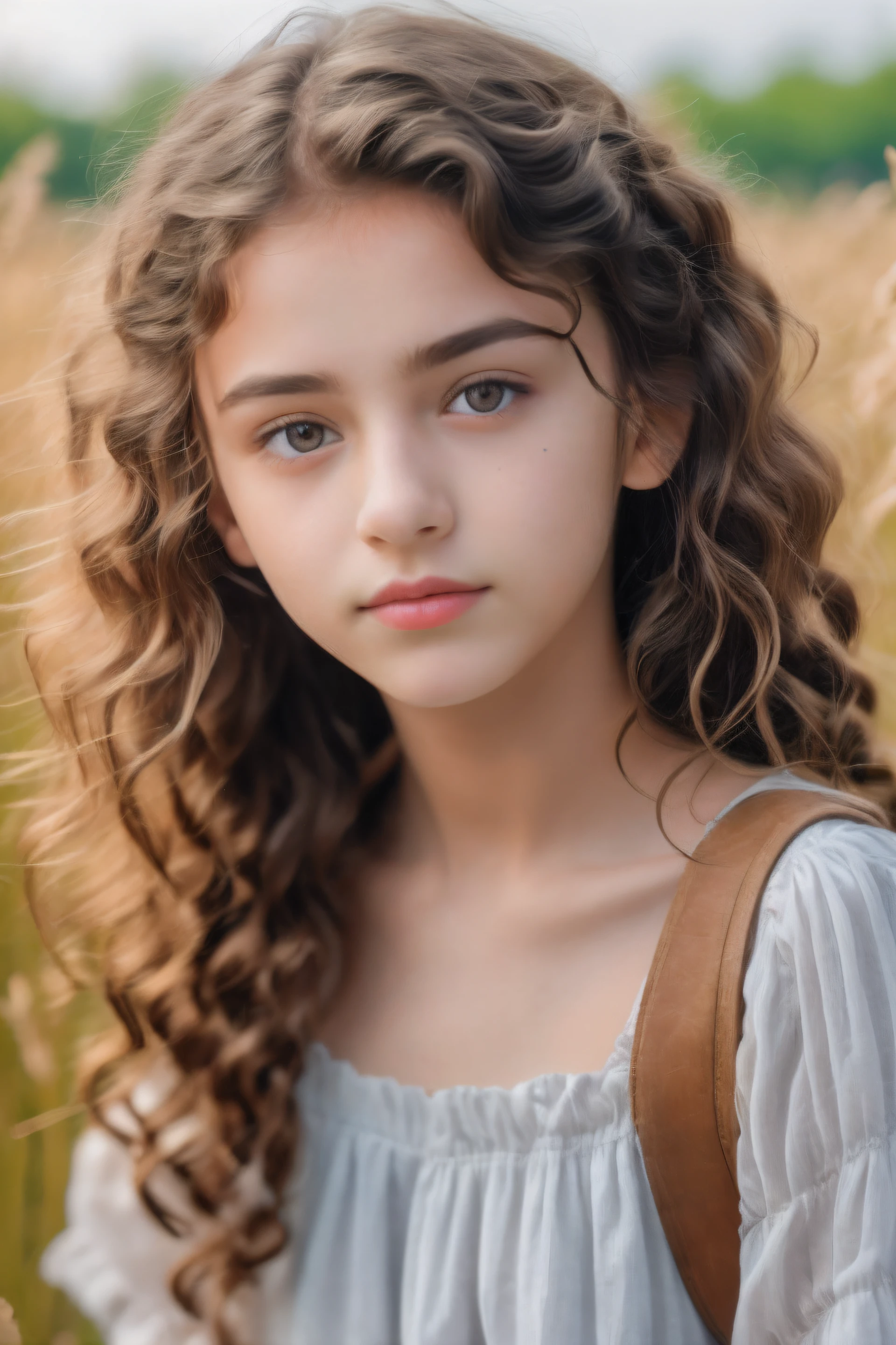 arafed girl with long curly hair and a backpack in a field, gorgeous young model, soft portrait shot 8 k, beautiful young girl, cute young girl, medium portrait soft light, young girl, color photograph portrait 4k, beautiful girl model, portrait of a beautiful girl, girl with brown hair, young and cute girl, beautiful model girl, portrait soft light