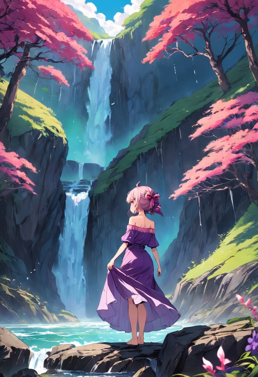 Standing in front of the waterfall with an off-the-shoulder purple tight long skirt with a bouquet of crape myrtles on his head