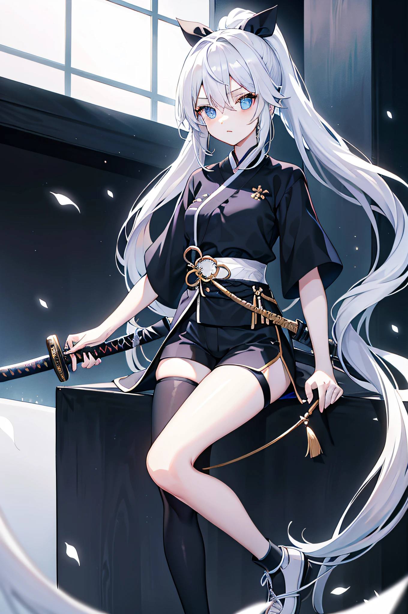 whaite hair,long whitr hair,High ponytail,Blue eyes,Black tunic,Black shorts,white short sleeve,A katana,Weddings