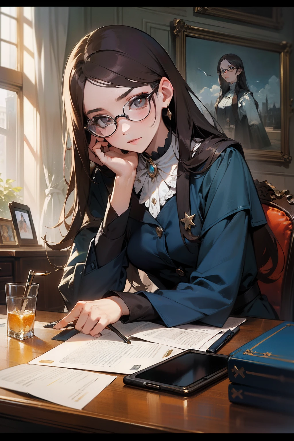 tmasterpiece,Need,Superb beauty,Intellectual,mature,Silver-framed glasses,Extremely beautiful,World Masterpiece Theatre,super-fine,Need,Need,brunette color hair,A high resolution,Need,1girll,Need,illustratio,looking at viewert,Uninhibited,sobu,desks,iPad,iPad, Uninhibited,oil painted, Photorealsitic, Realist,Real,