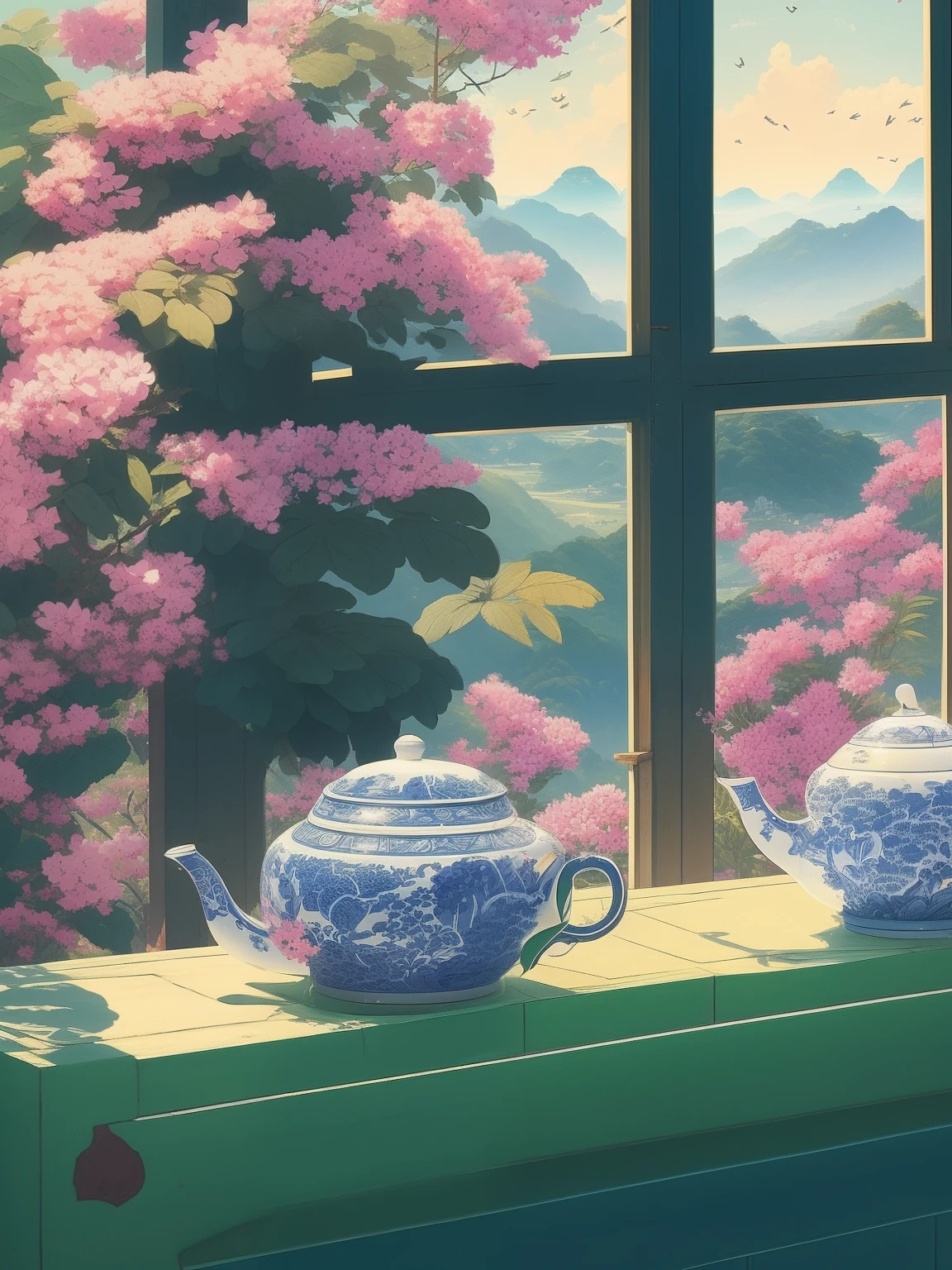 janelas，The view from the window，Greenery，vine，Plants climb into windows，Blue and white porcelain，Cyan porcelain，product introduction photos，ceramics，White tea set，，Wooden pallets，，tea ceremony scene，Large study，，Wooden cabinet background，The angle of the overhead shot，k hd，scenic full shot，Overall Chinese style，large scene，the morning sun，There are greenery --auto --s2