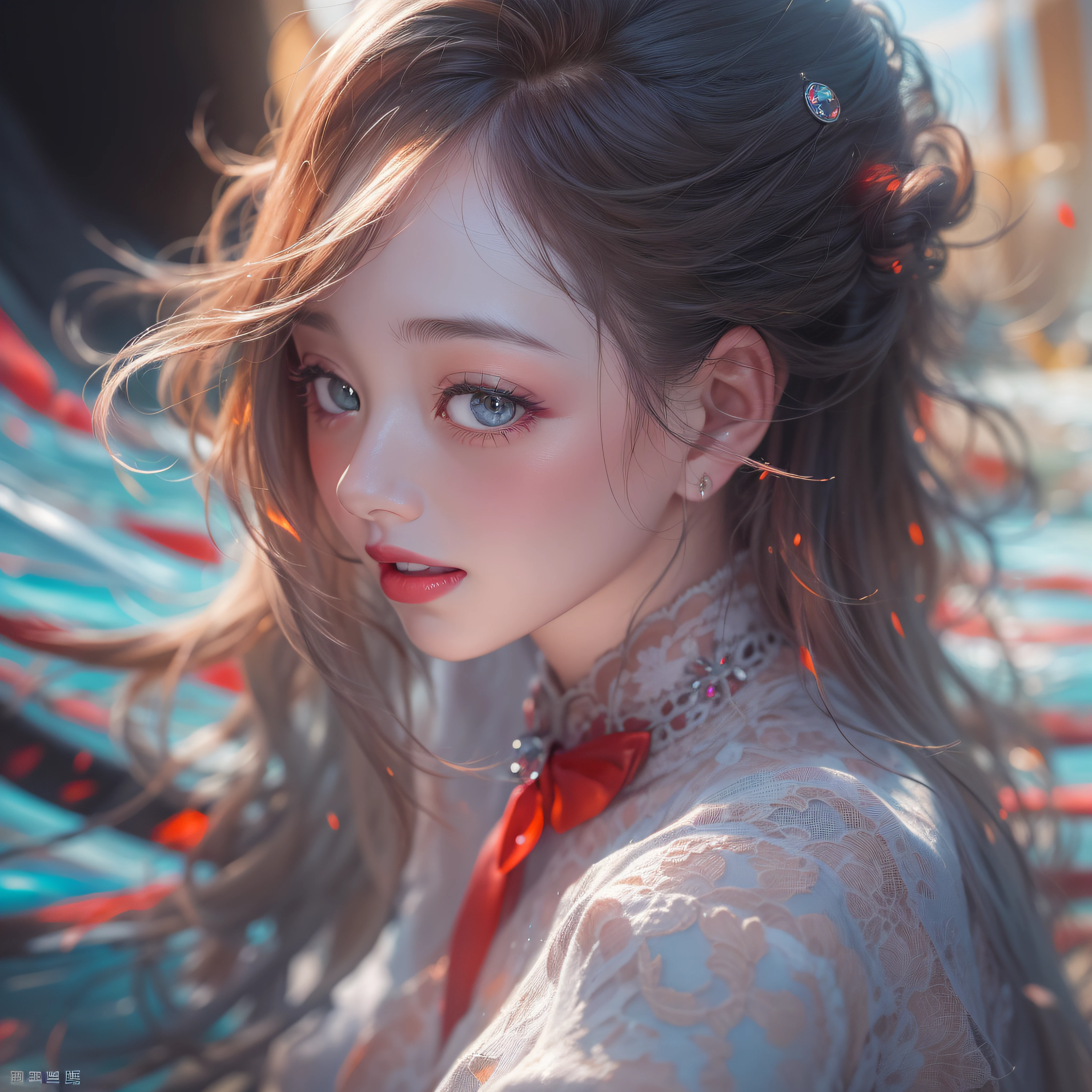 Red enameled lips、Pitty lips、bright red wet lips、lipgloss、Red glowing lips、makeup、Close up of smiling mouth with open mouth、Close-up of the mouth、Close-up of the mouth、(realisitic、hight resolution)、(1 girl in)、Do-Up Eye、Korean Girl、(Best Quality), (masutepiece), (1girl in), Solo, a beauty girl, Perfect face, Big Breast,dreamlikeart、Highly detailed airbrush art((Surreal))、Volumetric lighting、(top-quality)、The ultra-detailliert、(The composition of the movement:1.4)、Highly detailed colorful details、(Bright lighting)、dynamic compositions、Ray traching、The mirror reflects light、Shallow depth of field、ultra-detailliert、mixing exposure、nffsw、Her eyes shine iridescent、Staring at the iridescent sea。Her iridescent face is、Full of adventure anticipation and courage.、A smile appears on her iridescent lips。 At the rear、The sun is slowly tilting to the west。Its light brings iridescent light to the surface of the sea、The swaying waves create a beautiful scene。Her eyes shine clearly iridescent。Lots of iridescent colors、