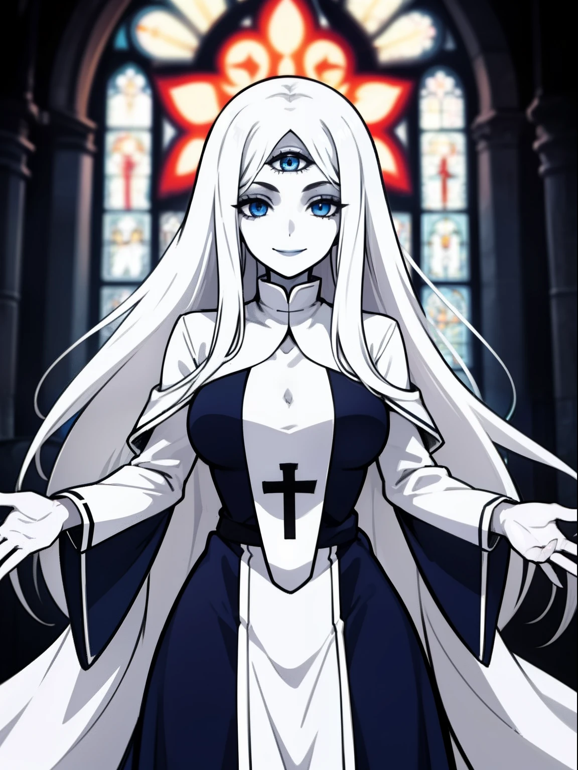 1girl,solo,blue eyes,demonic third eye,white hairs,long hairs, breasts ,pale skin, priest,smile, church