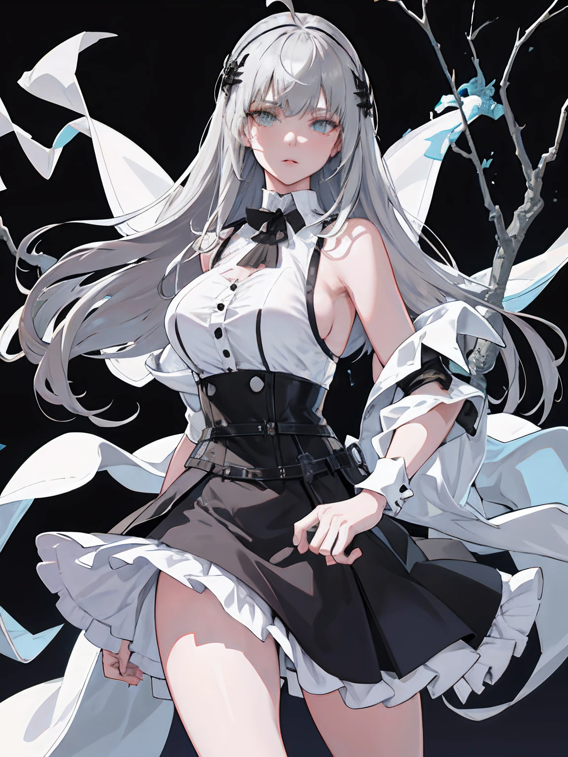 ((masterpiece, best quality)), (1girl), (solo), (female focus), (ahoge, ash blonde hair, long hair), green eyes, ((white shirt), (buttoned shirt)), ((black skirt), (short skirt)), standing, white background, arms behind back, bat wings on the waist, sheep horns, sad eyes, cold facial expression, cold look, pale skin, colour grading, dark illustration, extreme quality, radiant, extremely detailed, ultra-detailed face, ultra hd 8k, ultra digitality, mythical, dark lightning, sleepy eyes, detailed hands, fine details. girls frontline, girls frontline style, from girls frontline, waifu, girls frontline universe, girls frontline, ash blonde haired deity, grey-haired, girl with grey hair, nier:automata inspired, nier : automata inspired, girls frontline cg, grey haired, silver hair girl, perfect grey haired girl