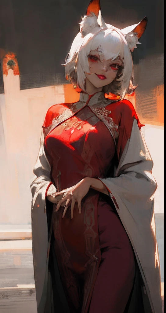 fox ears, posing, nfsw, silk, stomach, (caftan:1.3), white hairs, short hairs, red eyes, elegant girl, medium breast, sexually suggestive, seductive smiling, red lipstick, sexy, Intricate, High Detail, Sharp focus, dramatic, photorealistic, best quality, masterpiece, WLOP, Ed Blinkey, Mikhail Vrubel,