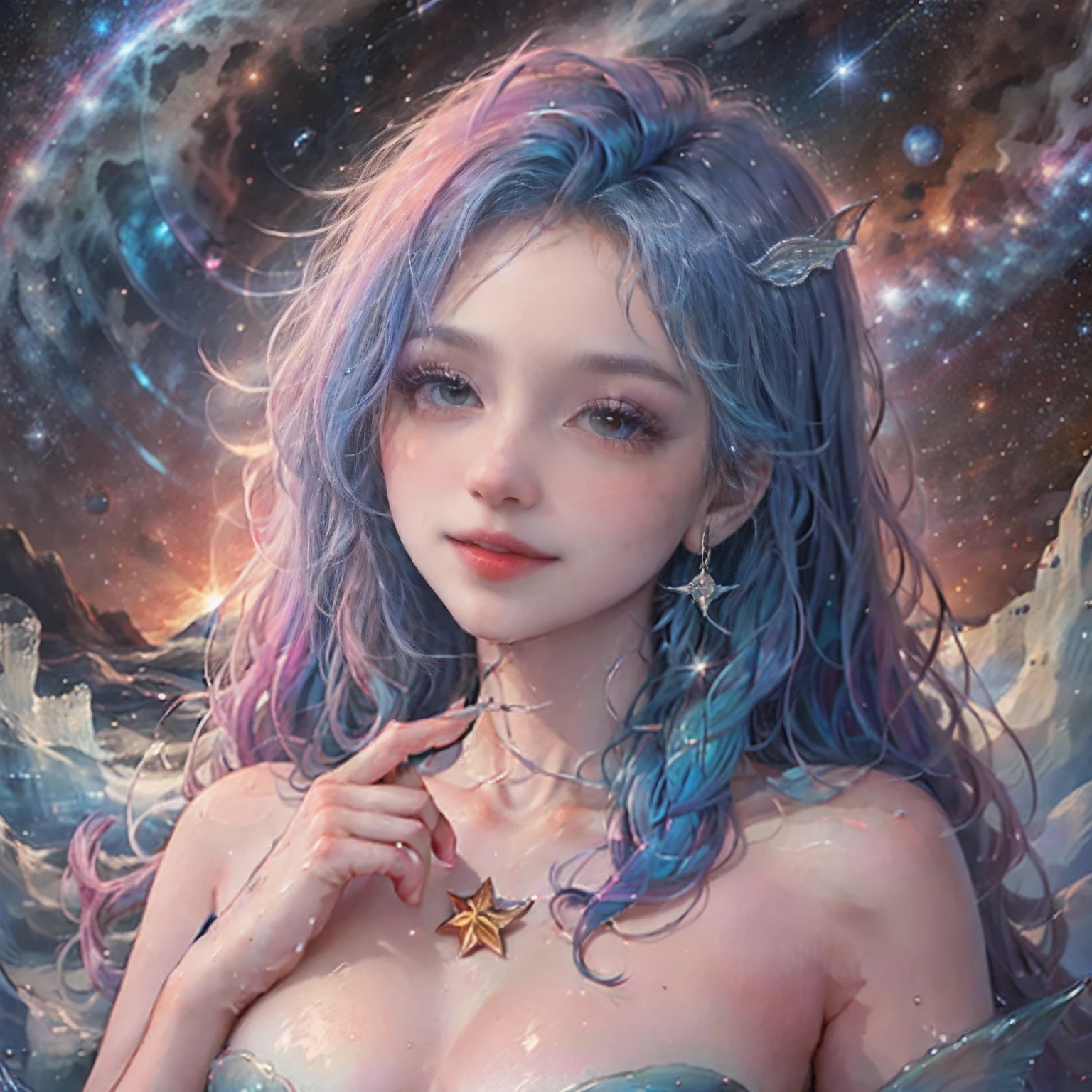 Leo Starry Sky, Realism, Wonders of the deep sea, Movie Character Rainbow Fish Mermaid, glinting, Starry sky, spaces, universe, Vast stars, Delicate ears, colorful bubble, Structured, Full of special effects, Bright features, Charming smile, complete fingers, 24k, Wet skin, Posing for the camera, Perfect fishtail, floating long hair,