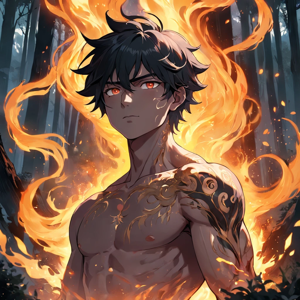 Amidst an ancient and overgrown forest, the essence of magic takes form through a man, his hair as dark as the shadows and his eyes a radiant golden blaze. A mystical mark graces his neck, shimmering with latent power. Within a clearing, he stands engulfed in a cascading torrent of flames, the fire's heat tempered by an otherworldly energy. As the magical fire spirals and dances, it conjures a swirling dance of luminous particles, each a fragment of his ethereal aura. Arcane symbols materialize in midair, their glow casting an eerie light on his intense focus. The scene exudes a sense of ancient power and hidden knowledge, as if the woods themselves are alive with long-forgotten secrets. The mood is one of serene intensity, where the balance of nature and magic intertwine. The illustration style captures this mystical aura through detailed digital artistry, combining intricate linework with vibrant color palettes. --ar 16:9 --v 5