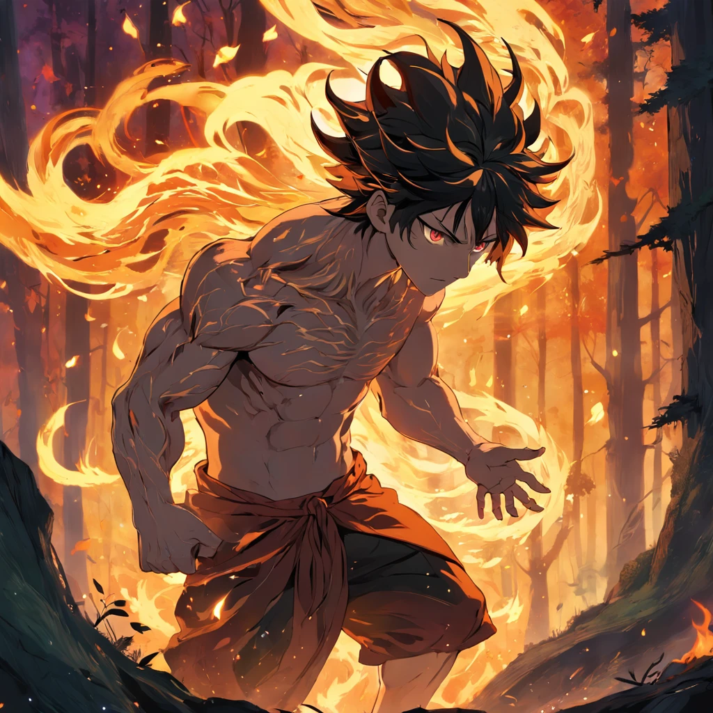 Amidst an ancient and overgrown forest, the essence of magic takes form through a man, his hair as dark as the shadows and his eyes a radiant golden blaze. A mystical mark graces his neck, shimmering with latent power. Within a clearing, he stands engulfed in a cascading torrent of flames, the fire's heat tempered by an otherworldly energy. As the magical fire spirals and dances, it conjures a swirling dance of luminous particles, each a fragment of his ethereal aura. Arcane symbols materialize in midair, their glow casting an eerie light on his intense focus. The scene exudes a sense of ancient power and hidden knowledge, as if the woods themselves are alive with long-forgotten secrets. The mood is one of serene intensity, where the balance of nature and magic intertwine. The illustration style captures this mystical aura through detailed digital artistry, combining intricate linework with vibrant color palettes. --ar 16:9 --v 5