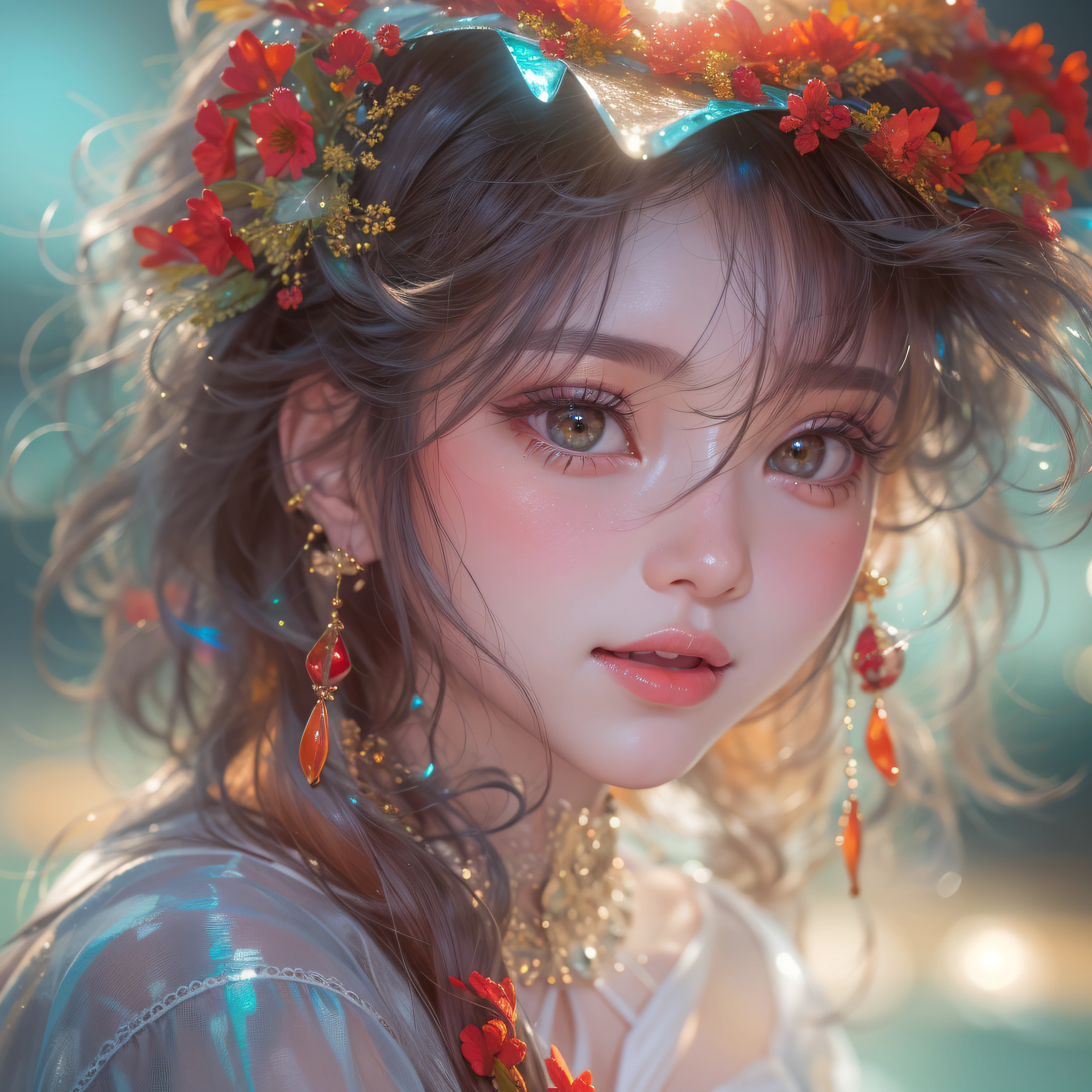Red enameled lips、Kissing lips、bright red wet lips、lipgloss、Red glowing lips、makeup、Close up of smiling mouth with open mouth、Close-up of the mouth、Close-up of the mouth、(realisitic、hight resolution)、(1 girl in)、Do-Up Eye、Korean Girl、(Best Quality), (masutepiece), (1girl in), Solo, a beauty girl, Perfect face, Big Breast,dreamlikeart、Highly detailed airbrush art((Surreal))、Volumetric lighting、(top-quality)、The ultra-detailliert、(The composition of the movement:1.4)、Highly detailed colorful details、(Bright lighting)、dynamic compositions、Ray traching、The mirror reflects light、Shallow depth of field、ultra-detailliert、mixing  exposure、nffsw、Her eyes shine iridescent、Staring at the iridescent sea。Her iridescent face is、Full of adventure anticipation and courage.、A smile appears on her iridescent lips。 At the rear、The sun is slowly tilting to the west。Its light brings iridescent light to the surface of the sea、The swaying waves create a beautiful scene。Her eyes shine clearly iridescent。Lots of iridescent colors、
