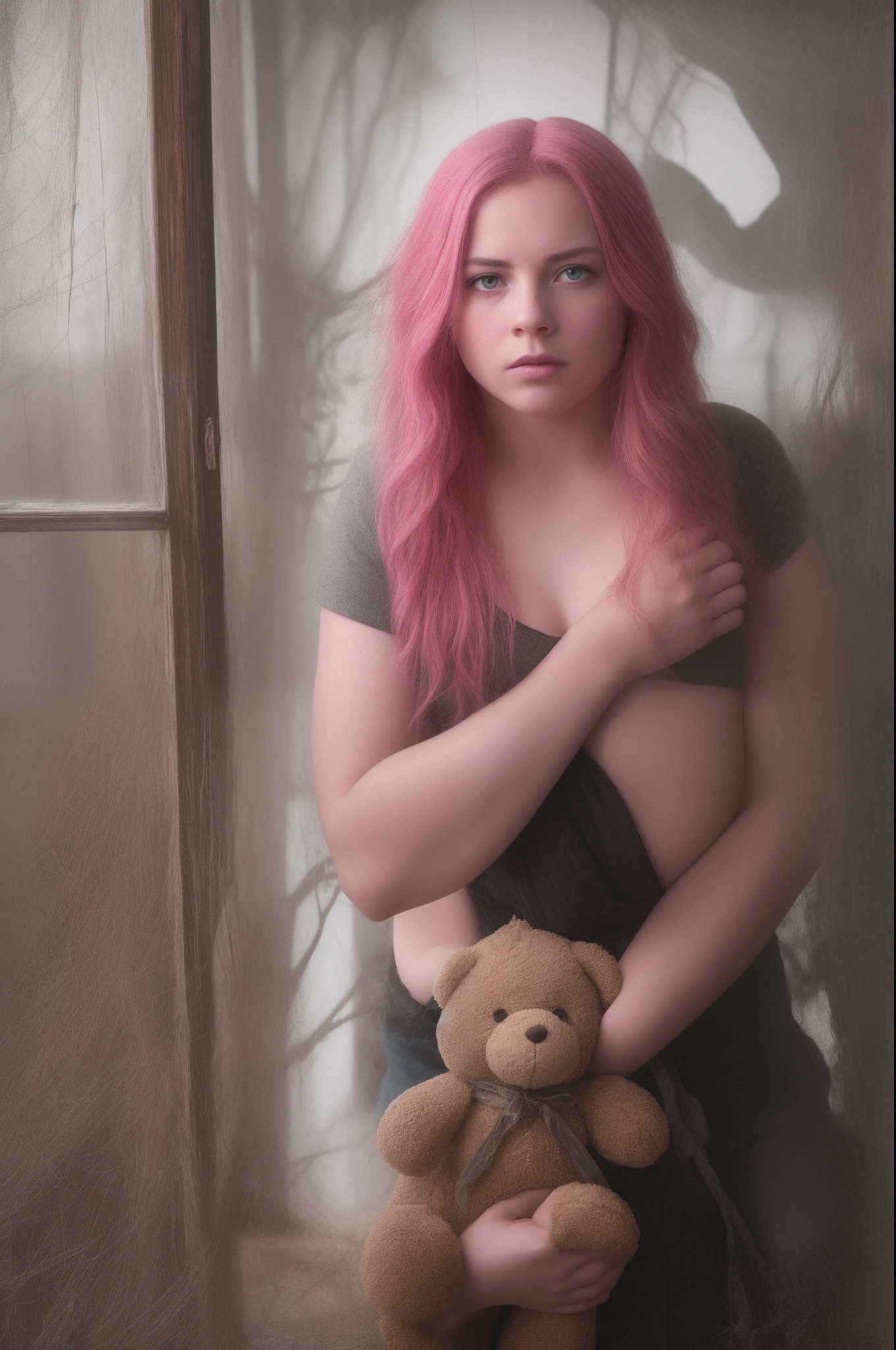 1girll, Pink hair, Blue eyes, (cowboy_Shot:1.2), Face focus, Long hair, side locks, Scared,(terrified:1.1) expression, holding teddy bear, Atmospheric lighting, Moody, Darkness, In an abandoned old museum, Clear glass display case full of interesting items, Dusty, Post-apocalypse, spiderwebs, masterful, Beautiful 8k wallpaper, Extremely detailed