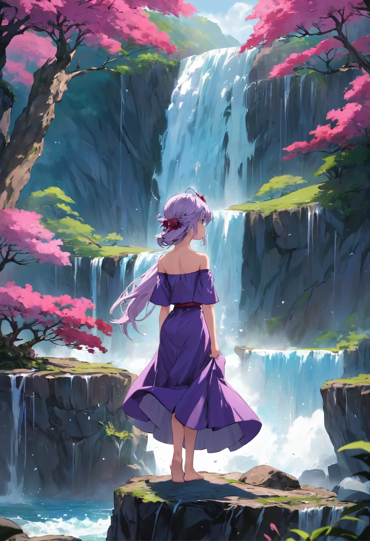 Standing in front of the waterfall with an off-the-shoulder purple tight long skirt with a bouquet of crape myrtles on his head