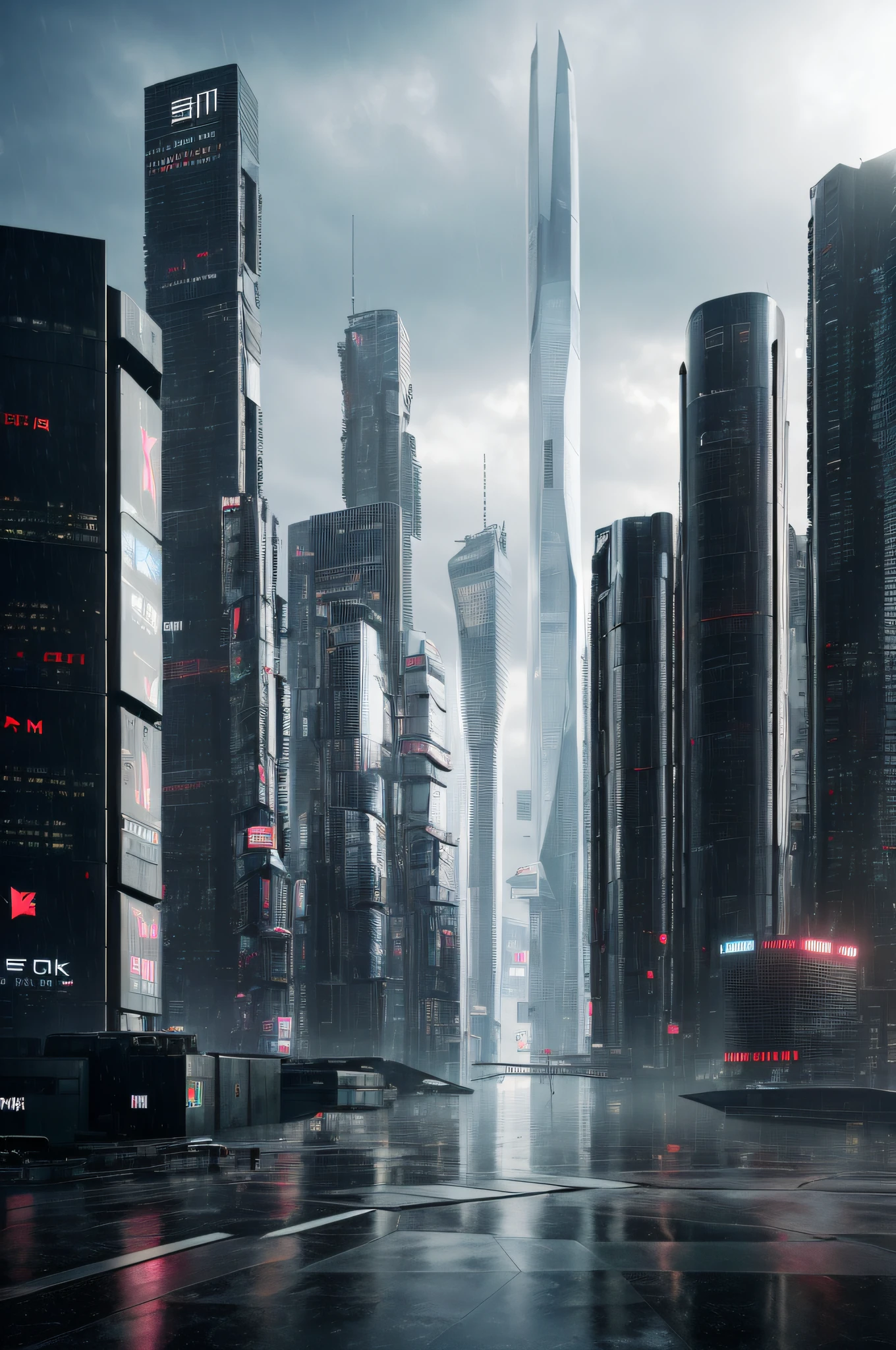 ((masterpiece, best quality)), 8k, modern architecture style, photo realistic, hyper detailed photo, clean sky, ruined city, cyberpunk,rain