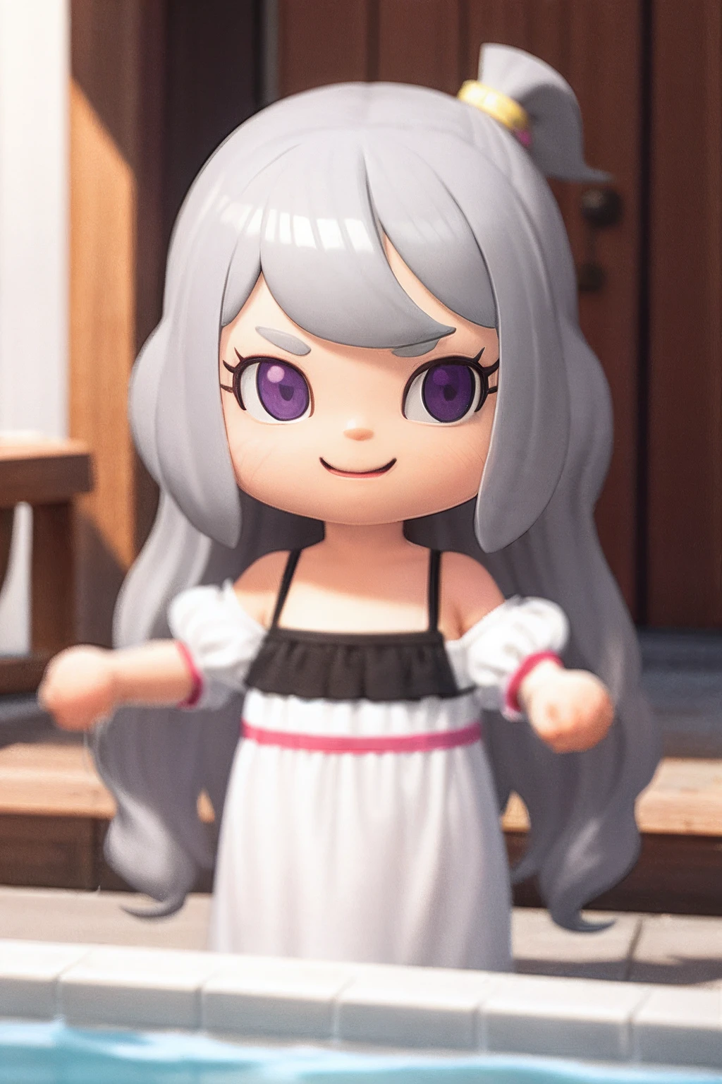 masterpiece, best quality,  (chibi:1.2), grey hair, long wavy hair, swimming party, pool clothe, violet eyes, 3d model