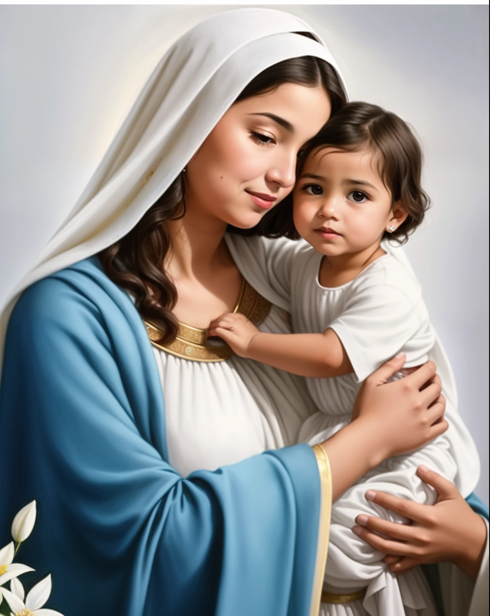 a close up of a painting of a woman holding a , Com o Menino Jesus, Virgem Maria, jayson tatum as mother mary, queen of heaven, mami, arte tradicional, mother sarah artist, santo e belo, catholic religious art, Retrato da Virgem Maria, 256x256, 2 5 6 x 2 5 6, foto de perfil, Directed by: Romano Vio, imagem bonita, rosto bonito e perfeito de nossa senhora e menino Jesus