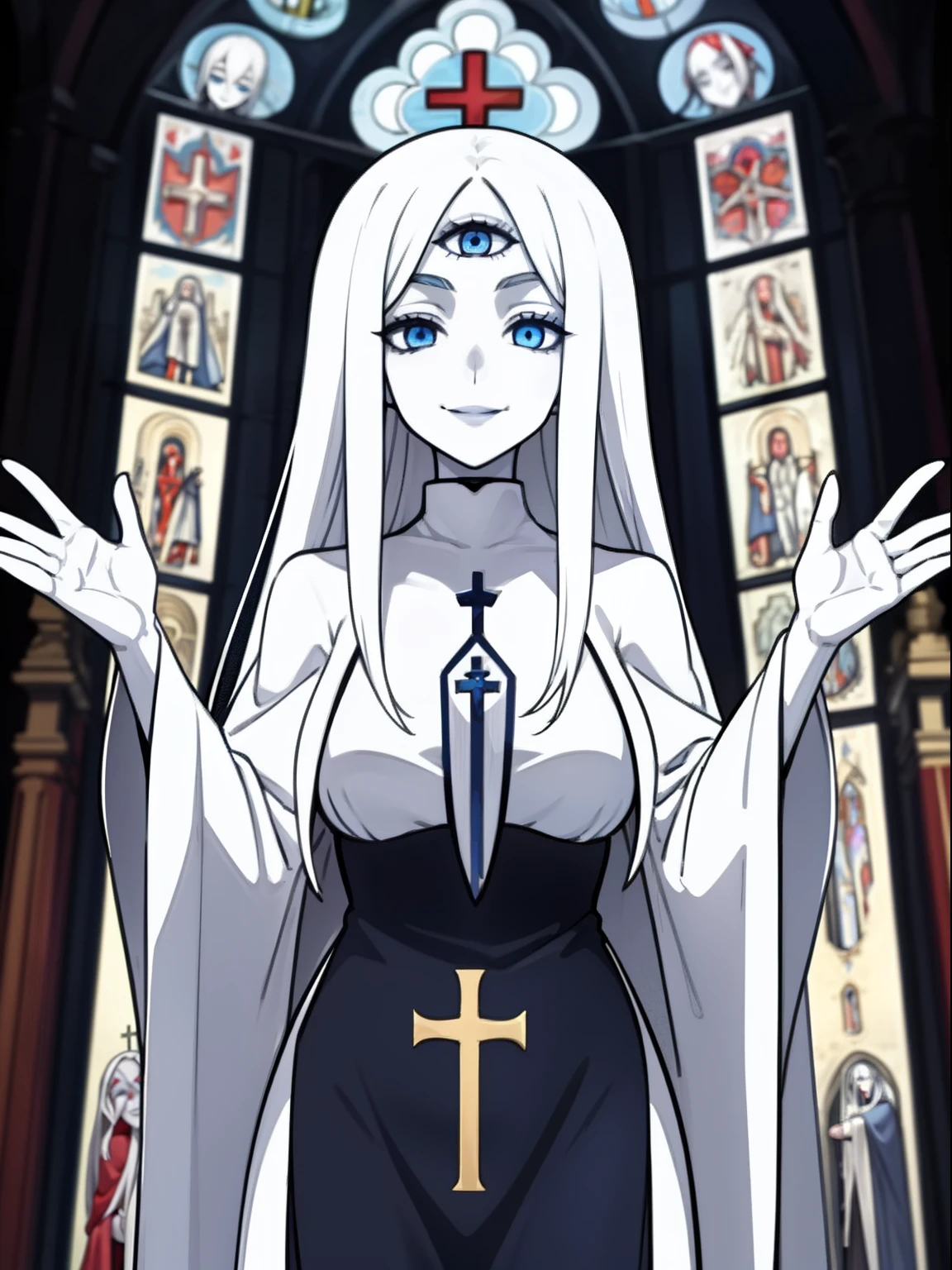 1girl,solo,blue eyes,demonic third eye,white hairs,long hairs, breasts ,pale skin, priest,smile, church