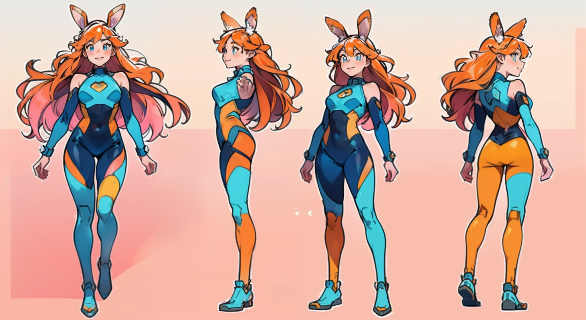 (masterpiece:1.2, best quality), 1woman, cute face, big eyes, round cubby cute face, smile, long legs, full body, adult mature female (spiky orange-pink hair, (orange-pink mullet 1.1)), (very long hair), blue eyes, (white/yellow pupil,) hero, sleeveless blue spandex bodysuit, long orange-pink rabbit ears, pink bodysuit ((masterpiece)), (((best quality))), (character design sheet, same character full body, front, side, back), Illustration, 1 girl, hair color, bangs, hair fax, eyes, environment change, pose kota, female