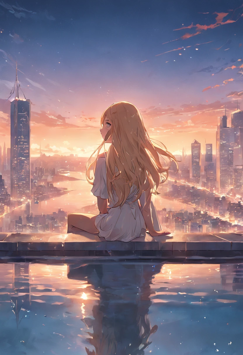 an illustration of a woman sitting in an infinity pool on top of roof in a modern city, watching sunset over the city, sun being reflected in the water a view from the rear, long hair, wavy hair, blond hair, ultra feminine, best detailed face, wearing elegant dress, glamorous dress, wearing high heels, ultra best realistic, best details, best quality, 16k, [ultra detailed], masterpiece, best quality, (extremely detailed), ultra wide shot, photorealism,