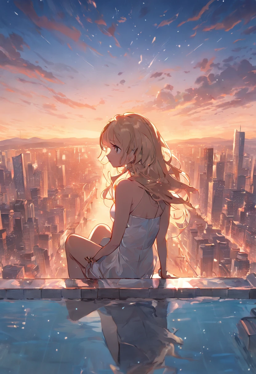 a beautiful girl sitting on a railing, looking at the cityscape from a high vantage point, clear blue sky, billowing clouds, smiling, wearing a cropped t-shirt and shorts, long blonde hair, cinematic lighting, detailed facial features, photorealistic, 8k, high resolution, masterpiece, cinematic, dramatic lighting