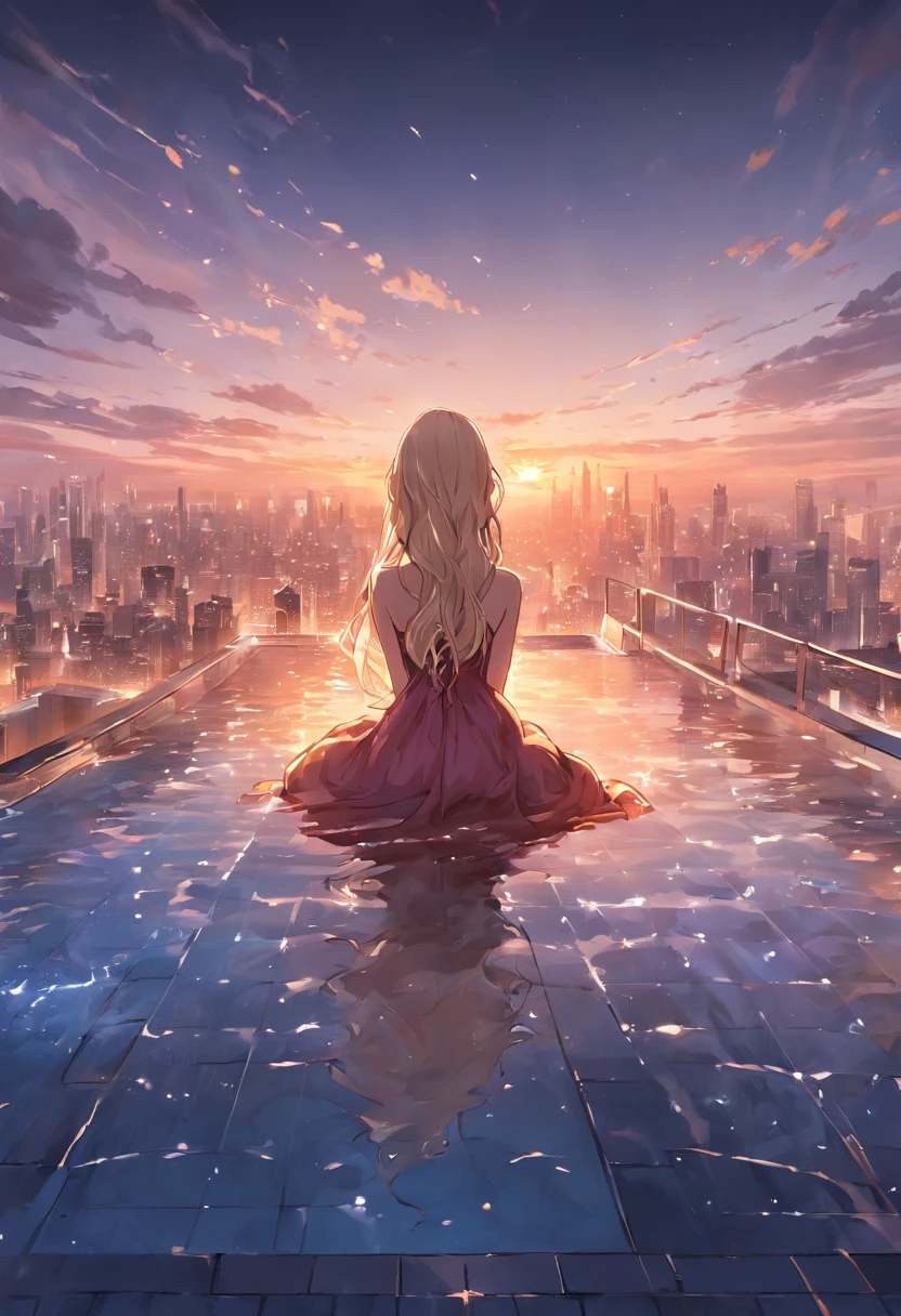 an illustration of a woman sitting in an infinity pool on top of roof in a modern city, watching sunset over the city, sun being reflected in the water a view from the rear, long hair, wavy hair, blond hair, ultra feminine, best detailed face, wearing elegant dress, glamorous dress, wearing high heels, ultra best realistic, best details, best quality, 16k, [ultra detailed], masterpiece, best quality, (extremely detailed), ultra wide shot, photorealism,