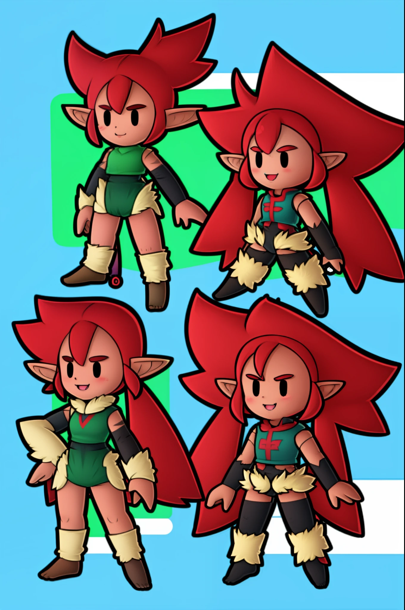 loam,, smile, chibi, full body,standing,red hair, elf ears,tomboy,short, vest, elf girl,