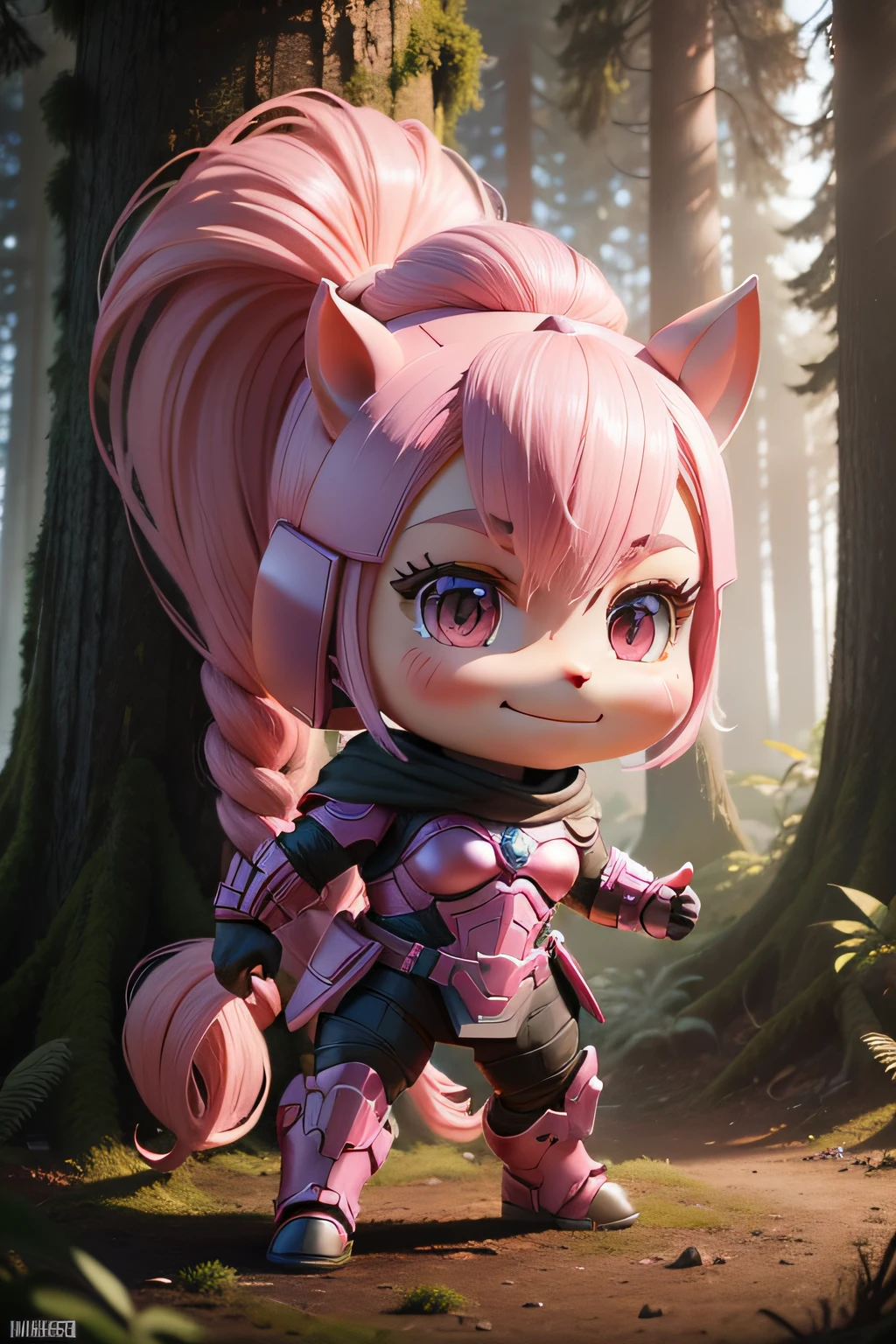 A closeup of a pink warrior pony standing in a forest, spooky, marvel style, chibi, fisherman, smiling, eunreal engine |, marvel, style, superheroine, 3d style, 2d style