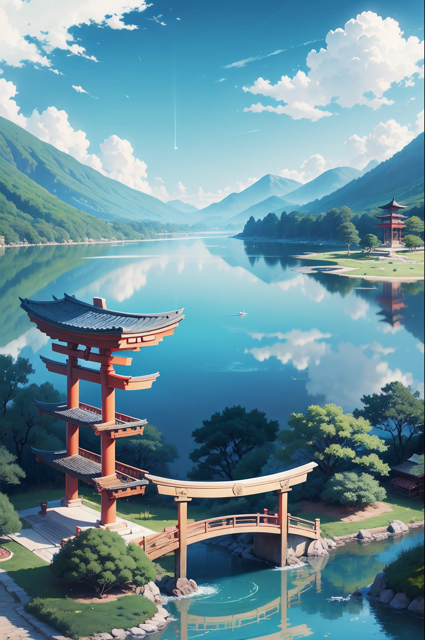 a japanese torii gate and a water lake, anime style, fantasy art, sunny day, colorful art, blue sky, high quality, high resolution, 8k, makato shinkai style  -- ar 3:4 --auto --s2