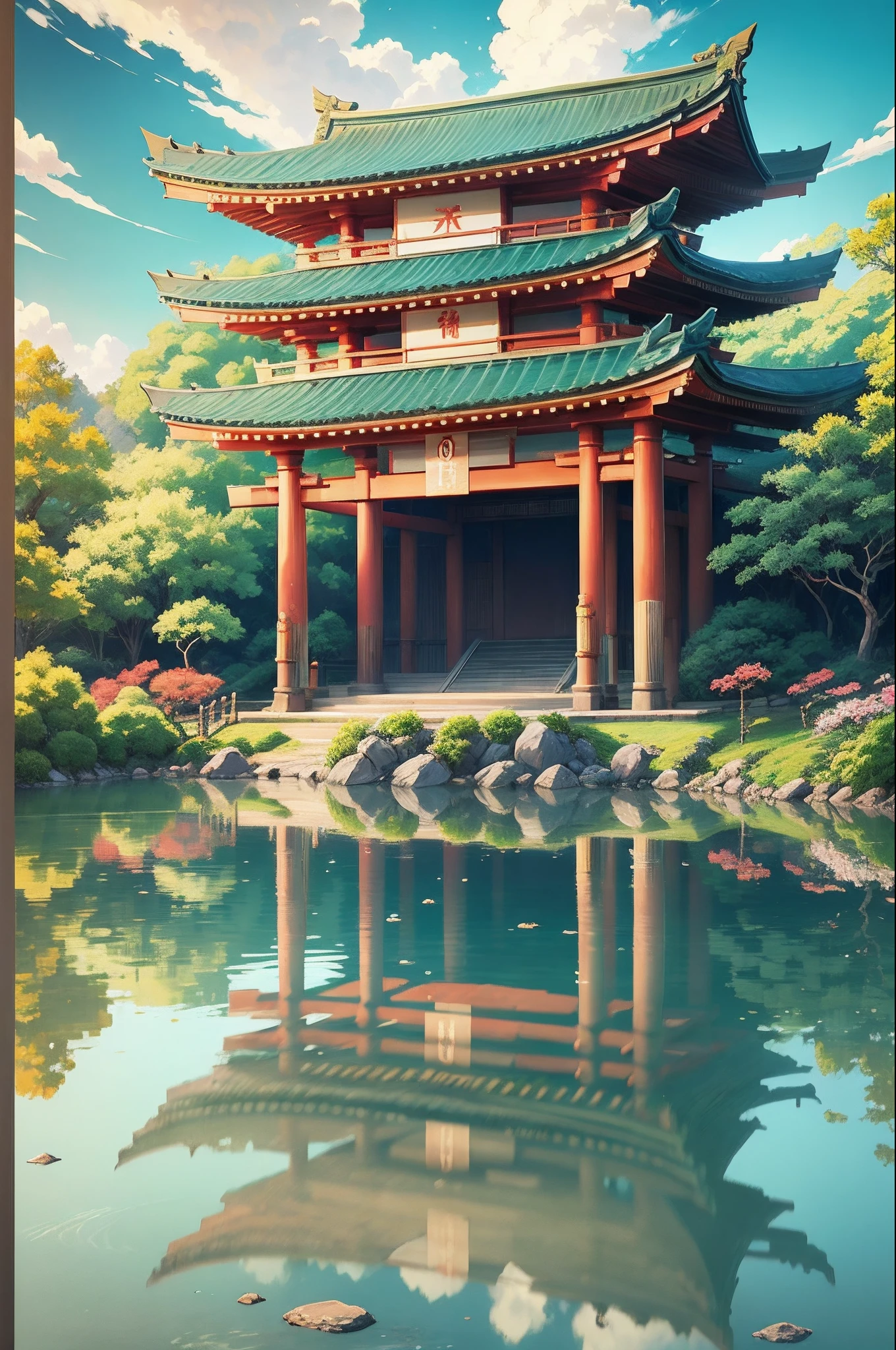 a japanese torii gate and a water lake, anime style, fantasy art, sunny day, colorful art, blue sky, high quality, high resolution, 8k, makato shinkai style  -- ar 3:4 --auto --s2