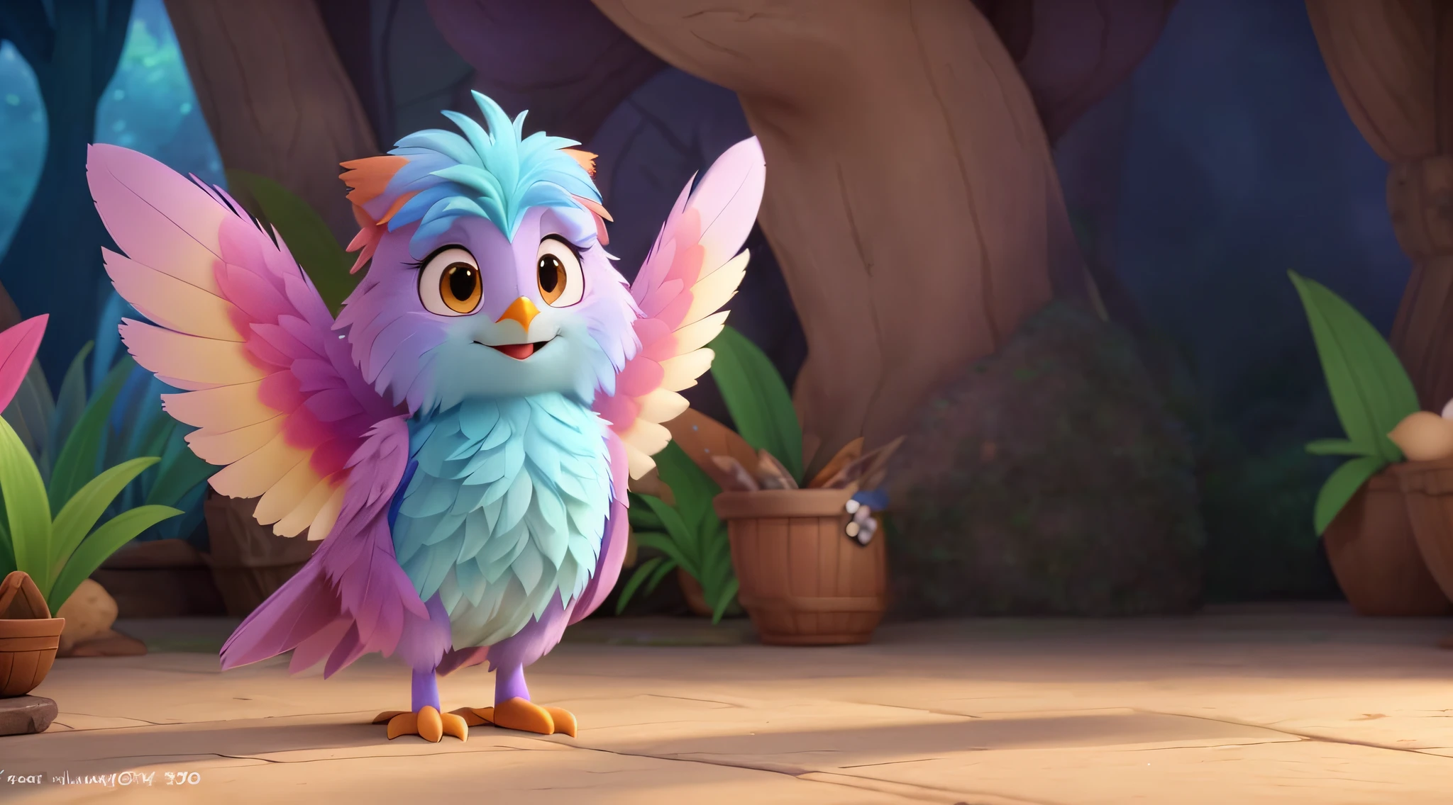 a close up of a cartoon bird standing on a stone floor, pixie character, furry friendly monster, a still of a happy, fluffly!!!, feathery fluff, cute forest creature, dreamworks style, stylized 3 d, a friendly wisp, movie promotional image, birb, sony pictures animation, furry character, a still of an ethereal