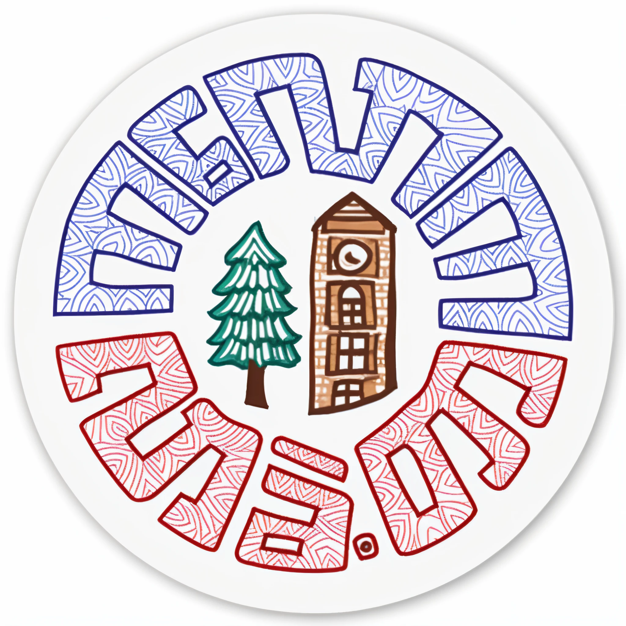 a close up of a circular sticker with a clock tower and trees, logo art, inspired by Wes Wilson, patch design, illustrated logo, symmetrical sticker design, badge, round logo, logo, logo, sticker design, best logo, sticker illustration, ad image, mountain label, single logo, clocktower, sticker of a home in the forest, pog