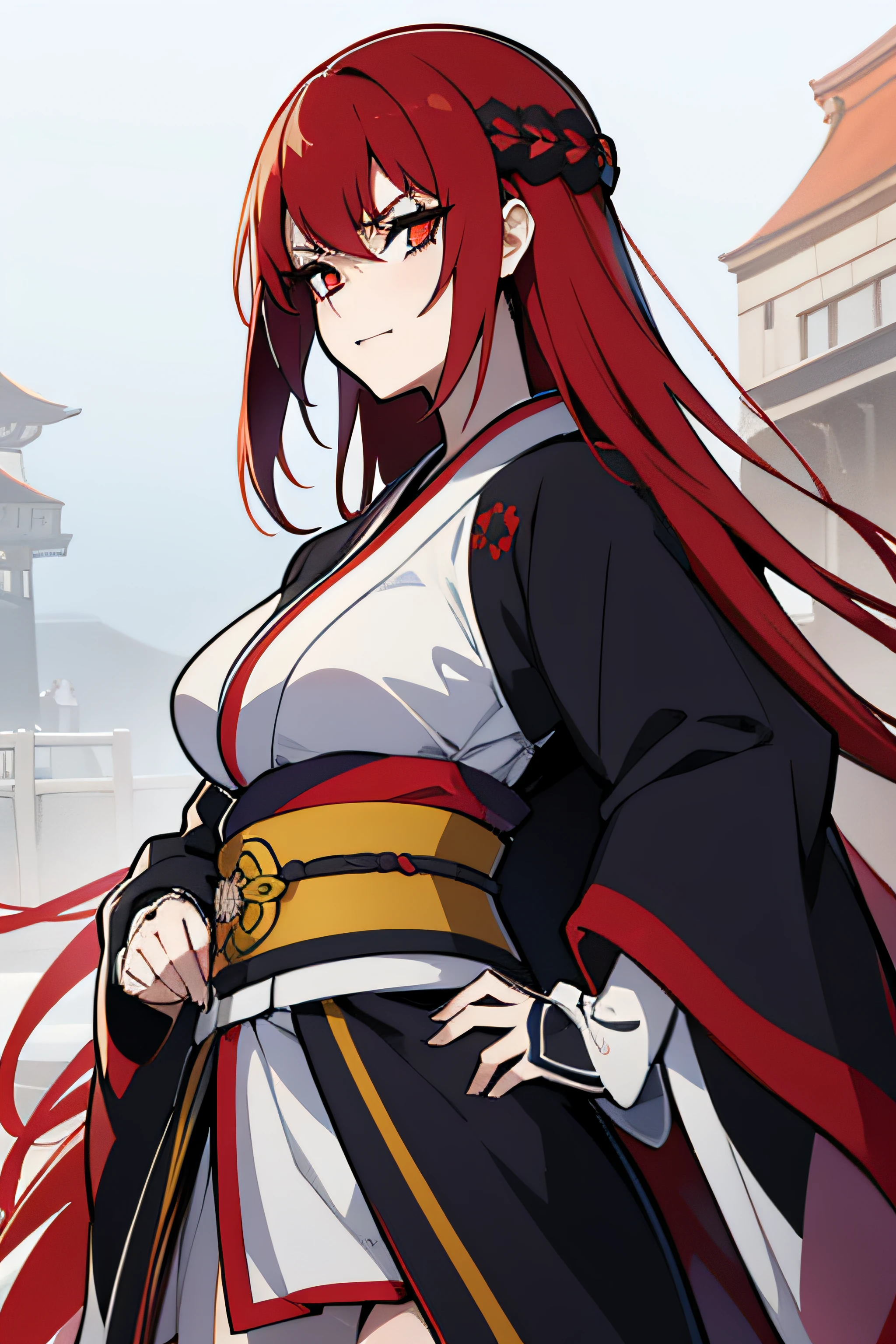 Create a compelling description of a breathtaking anime girl samurai with fiery red hair, dressed in an elegant kimono. Dive into the intricacies of her appearance, capturing the way her red locks cascade down her back and frame her face. Explore her personality, mixing grace and strength, and reveal any unique characteristics that make her a mesmerizing warrior. Delve into the details of her kimono, illustrating the colors, patterns, and overall aesthetic. Bring to life the enchanting presence of this striking anime girl samurai."