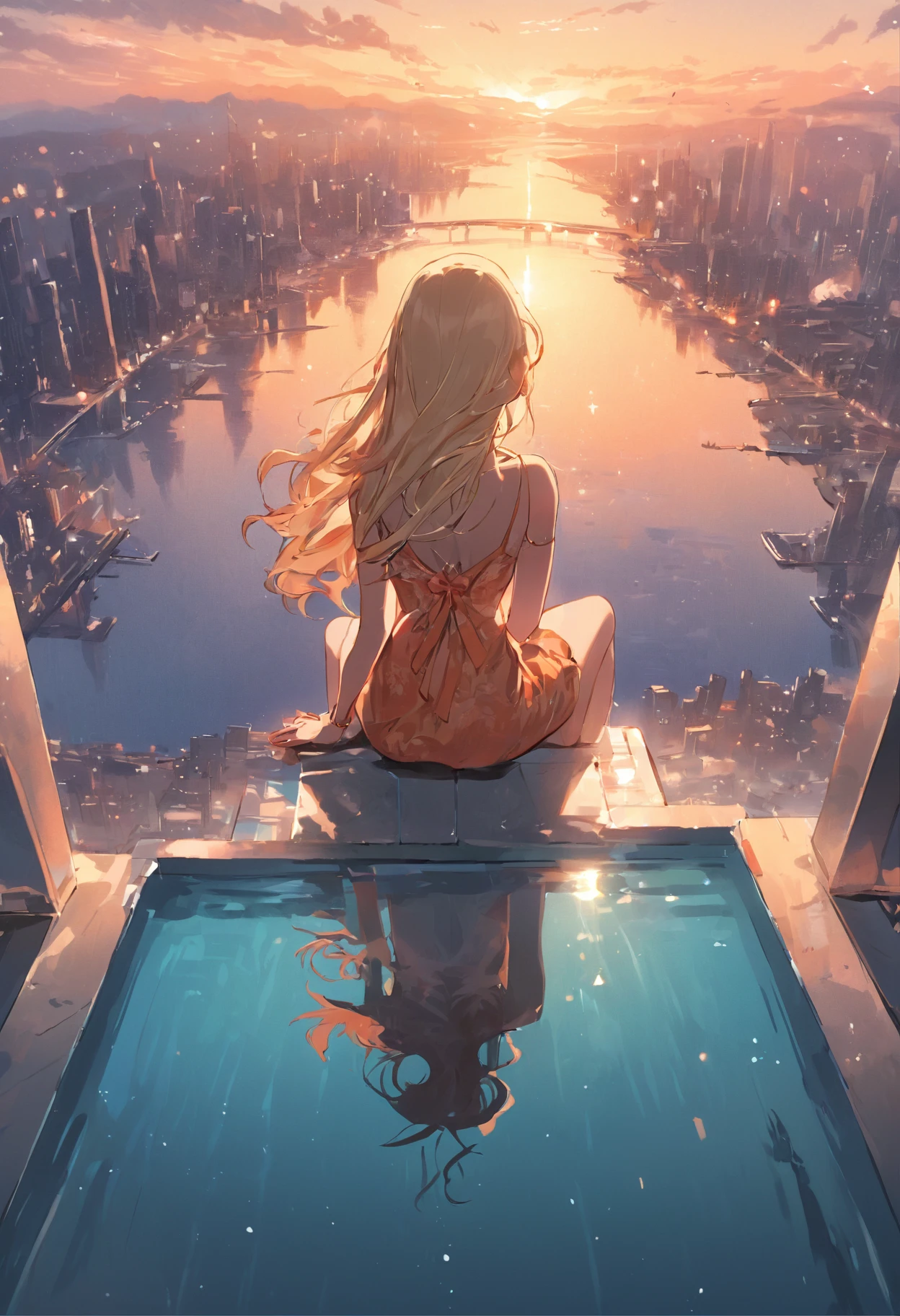 an illustration of a woman sitting in an infinity pool on top of roof in a modern city, watching sunset over the city, sun being reflected in the water a view from the rear, long hair, wavy hair, blond hair, ultra feminine, best detailed face, wearing elegant dress, glamorous dress, wearing high heels, ultra best realistic, best details, best quality, 16k, [ultra detailed], masterpiece, best quality, (extremely detailed), ultra wide shot, photorealism,