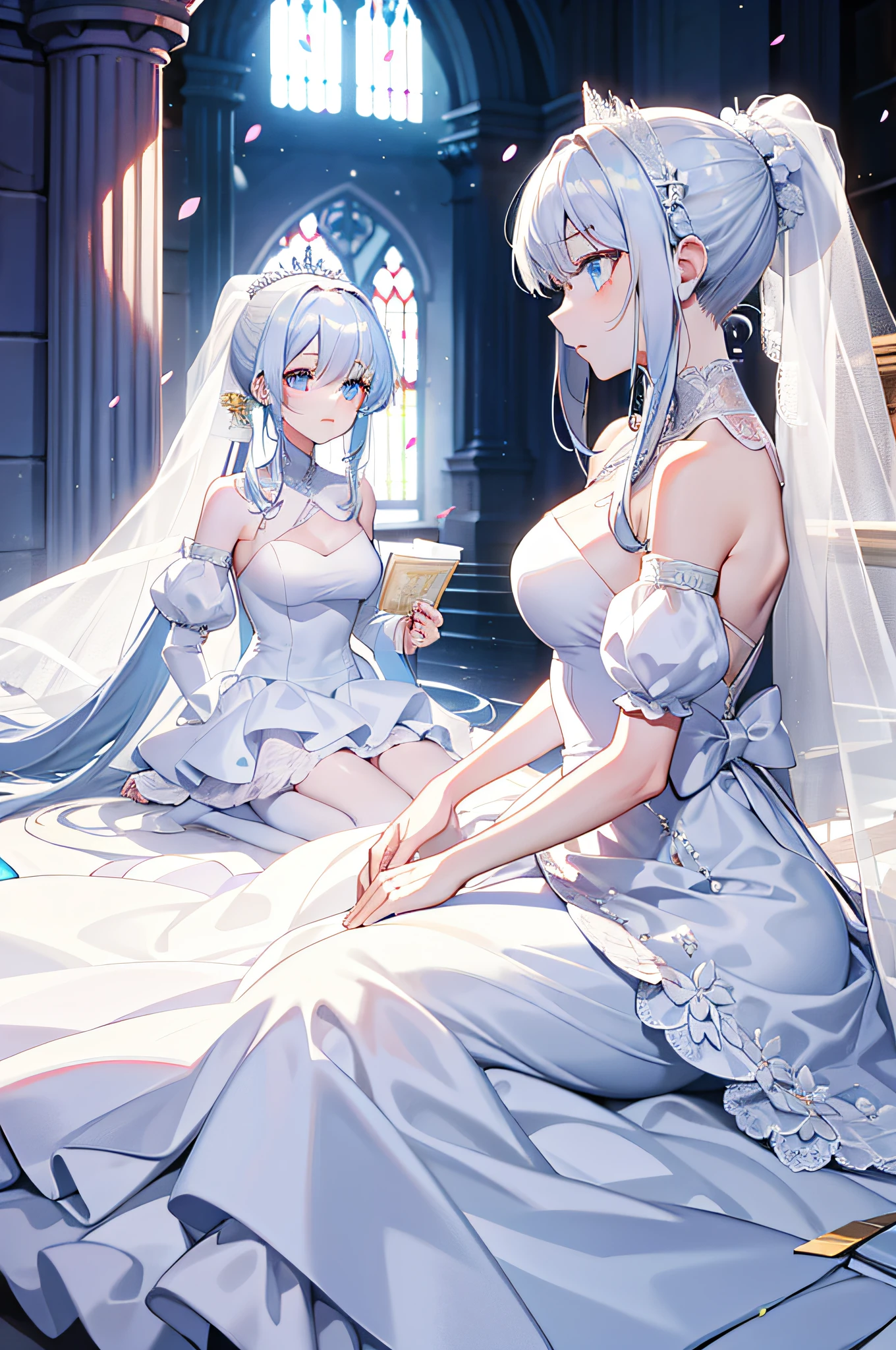 A splendid castle，Luxurious princess bed bangs，ssmile，Blue eyes，White waist-cinching bandeau wedding dress，White lace stockings，Diamond crystal heels，White lace gloves，exposed bare shoulders，diamonds earrings，Detail enhancement。Slim hands，perfect hand，Holding_flower，ventania，The tree，Looking_at_peeping at the viewer，best qualtiy，detail-rich，Bra suspenders，Golden ratio figure，Thin waist，Elongated straight legs，get down on the bed，Right shoulders，Charming，Perfect image quality。