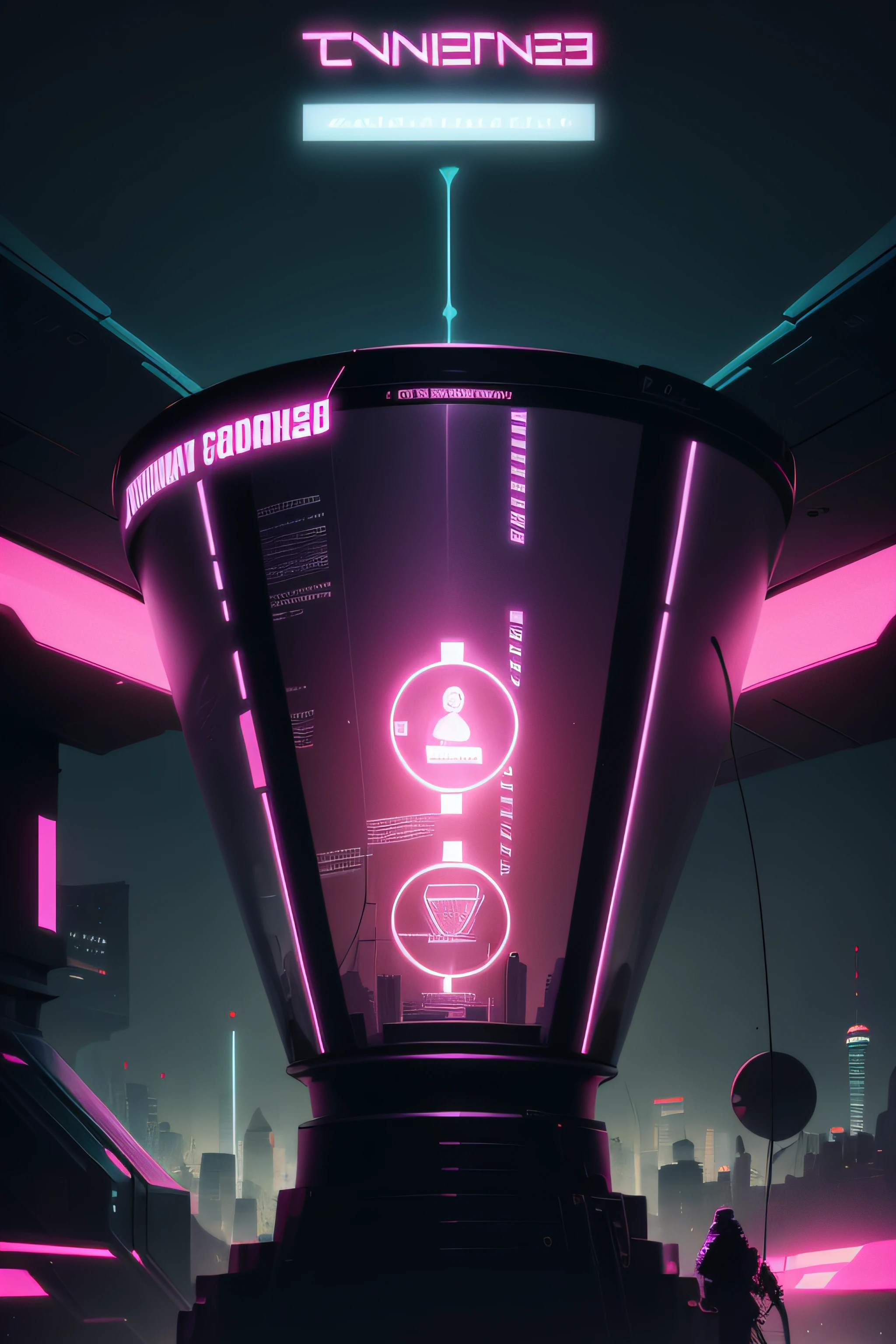 Content funnel illustration, Coisas relacionadas ao marketing digital, Estilo cyberpunk, luzes rosa e roxo, cores mais vivas, acrescentar 3 simbolos dividindo o topo o meio e o fundo do funnel