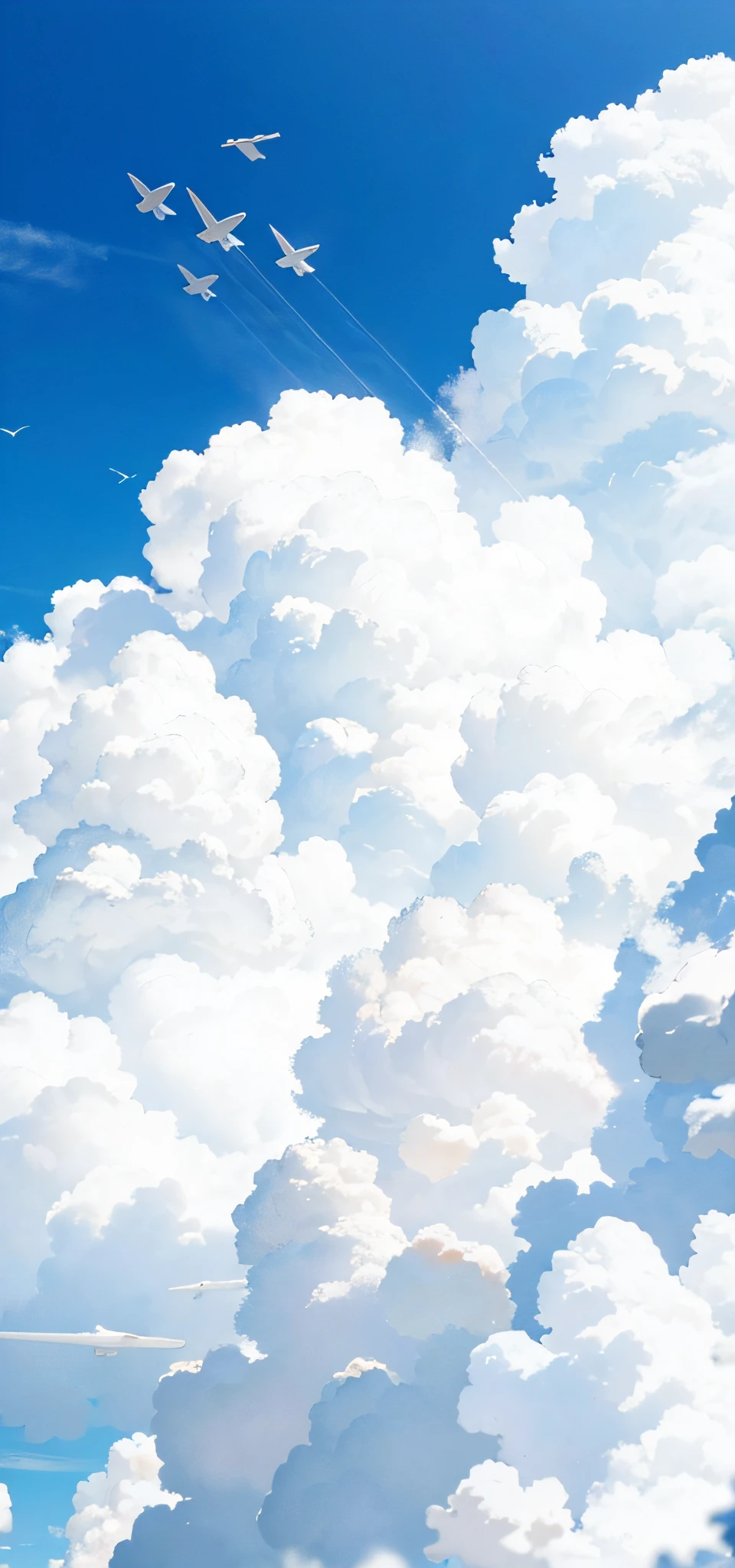 Four aircraft flew in formation in the sky, Cloud background, puffy white clouds, Heavenly clouds, puffy white clouds, White clouds, clouds background, Detailed clouds, white fluffy cloud, cumulus cloud, tall fluffy clouds, voluminous clouds, background heavenly sky, background is heavenly, high clouds, Soft clouds, Dreamy clouds, Large white clouds